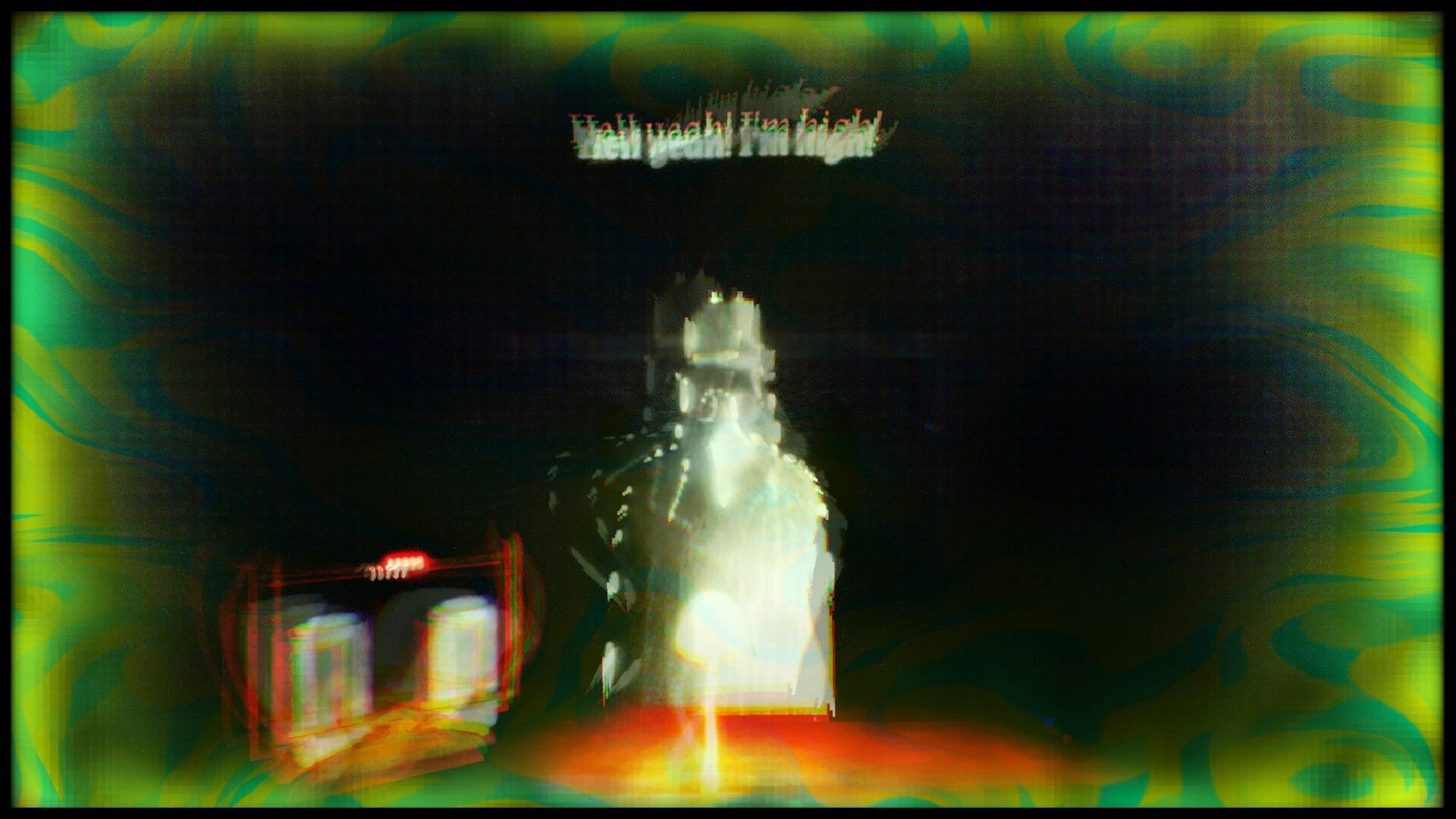 Organ Failure: Blurry first-person view with health warning text and green haze in dark room.