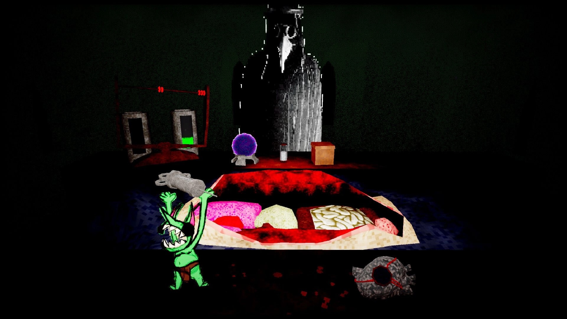Organ Failure: Plague doctor looms over gore-filled organ pit with UI bars and tools on table.
