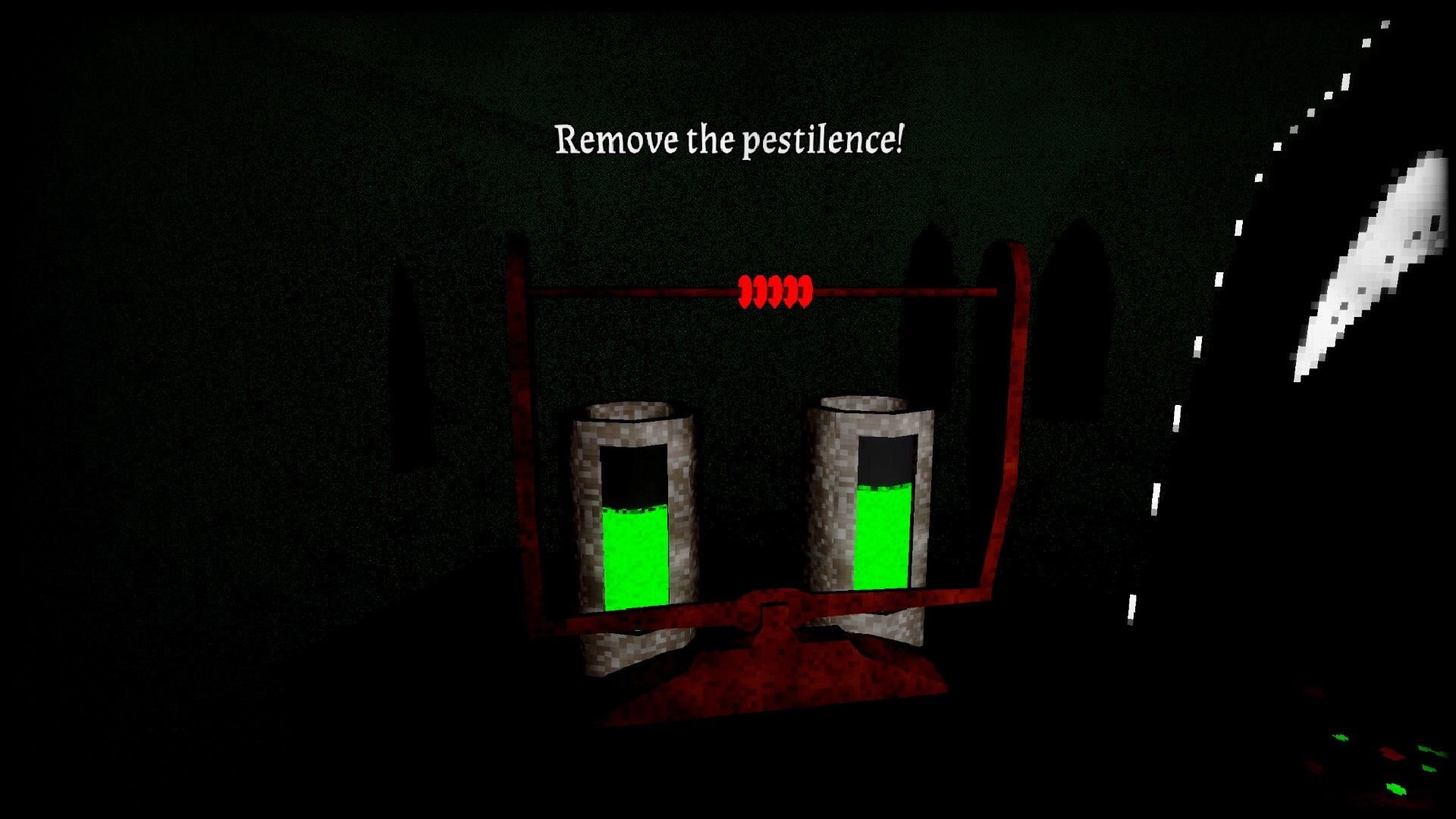 Organ Failure: Remove the pestilence prompt above a balance scale with two green-filled vials in dark room.