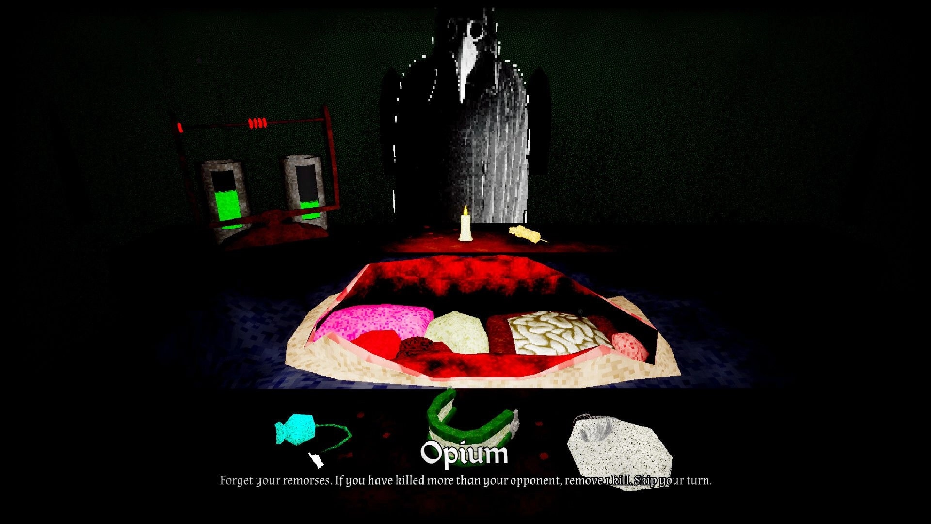 Organ Failure: Surgery table with organs exposed and Opium item prompt in a dark plague clinic.