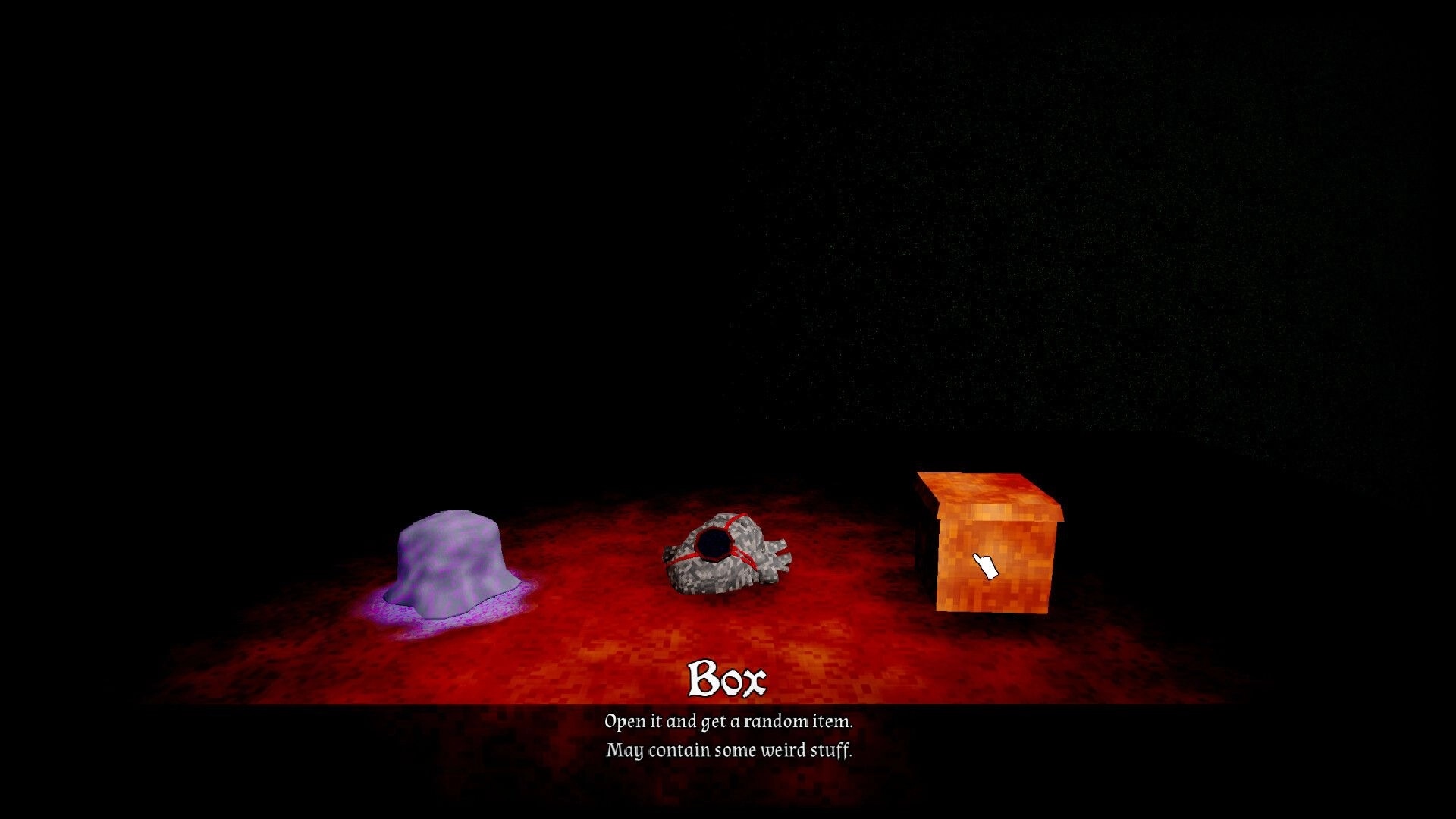 Organ Failure: Loot selection screen highlighting a box item on a red floor in a dark void background.