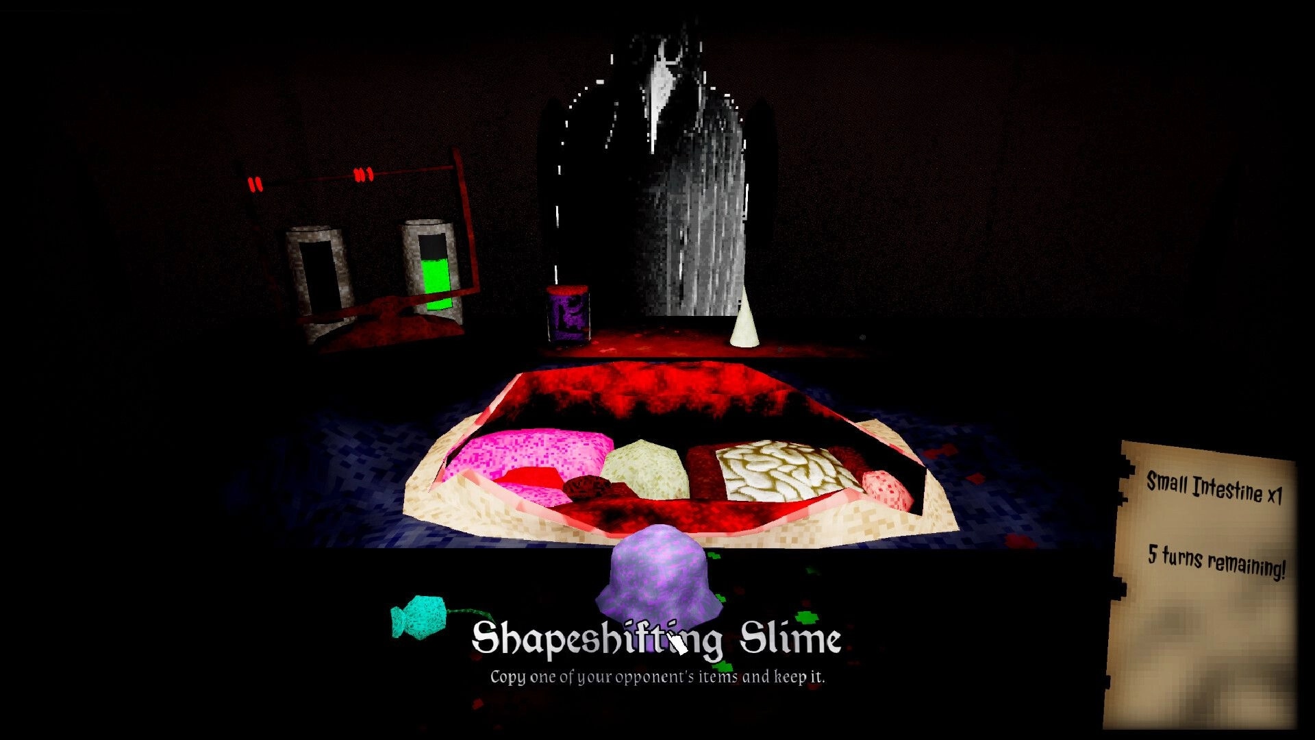 Organ Failure: Shapeshifting Slime item prompt over open body cavity in dark surgery room UI.
