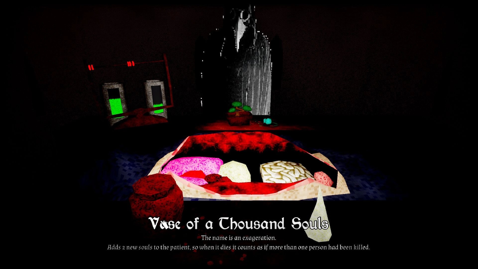 Organ Failure: Item tooltip for Vase of a Thousand Souls over surgery table with organs and plague doctor.