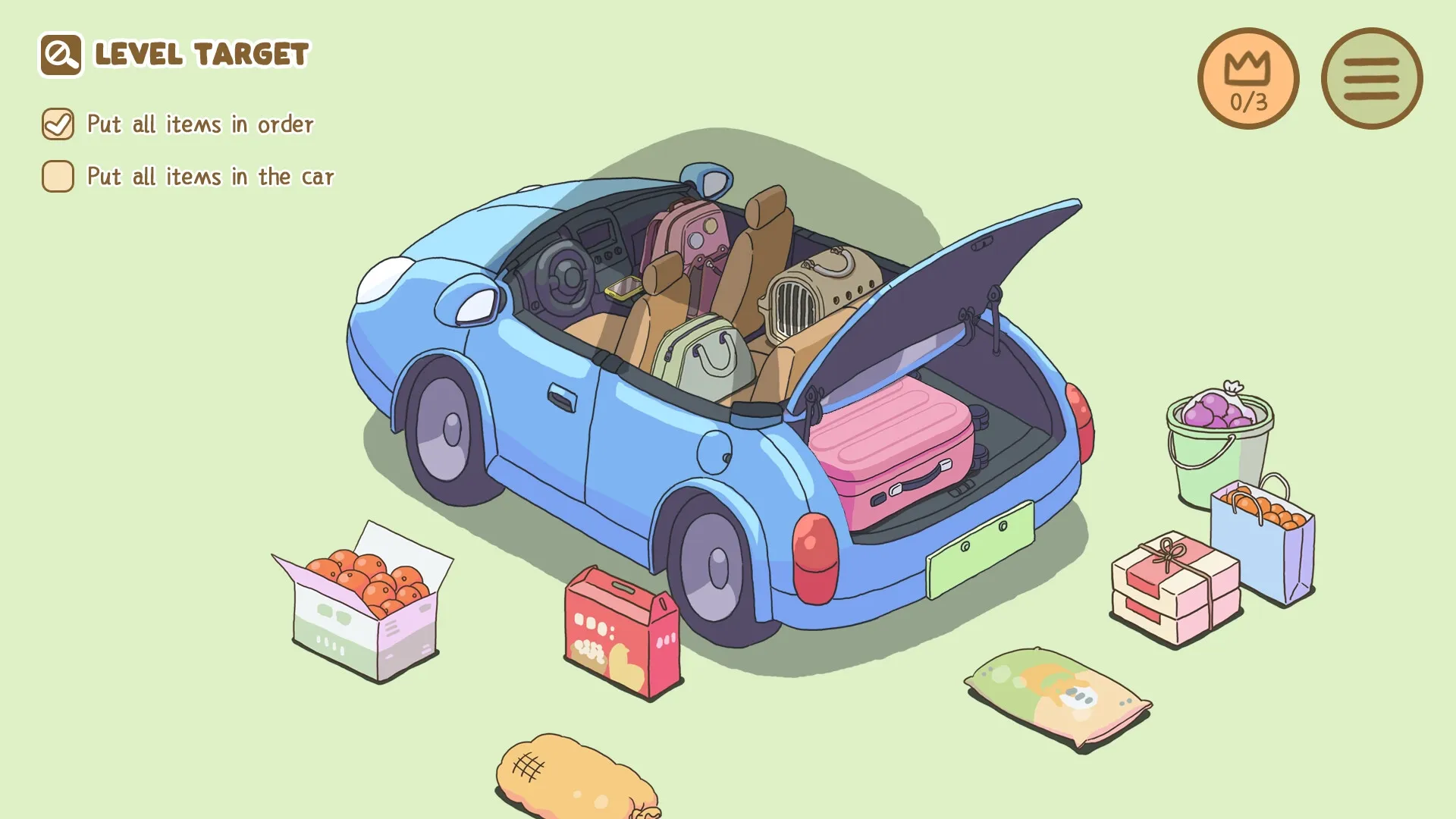 Organized Inside: Blue car trunk packing with bags and luggage, checklist on left, items on ground