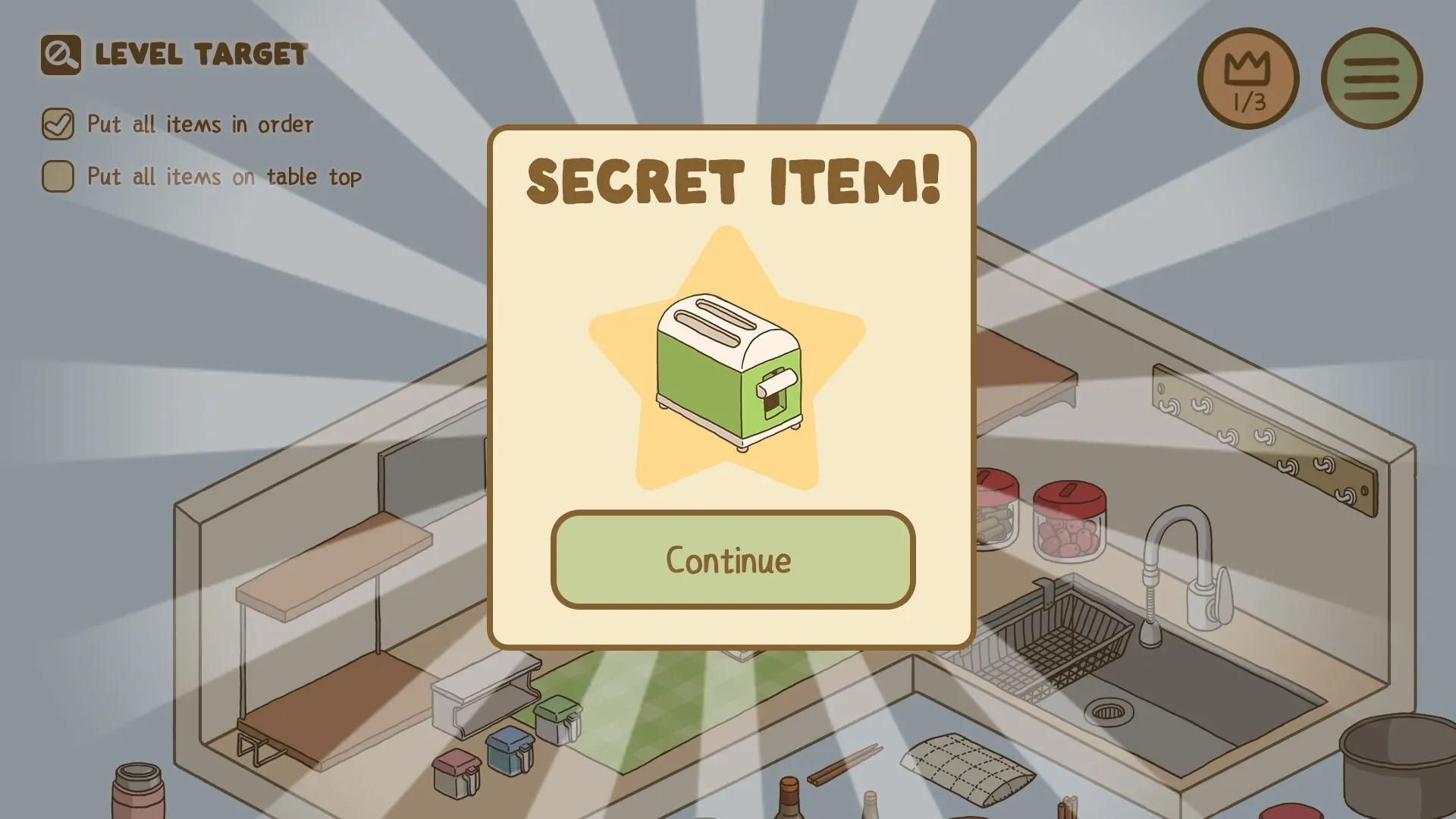 Organized Inside: Secret item discovered in kitchen setting with shelves and cleaning items visible