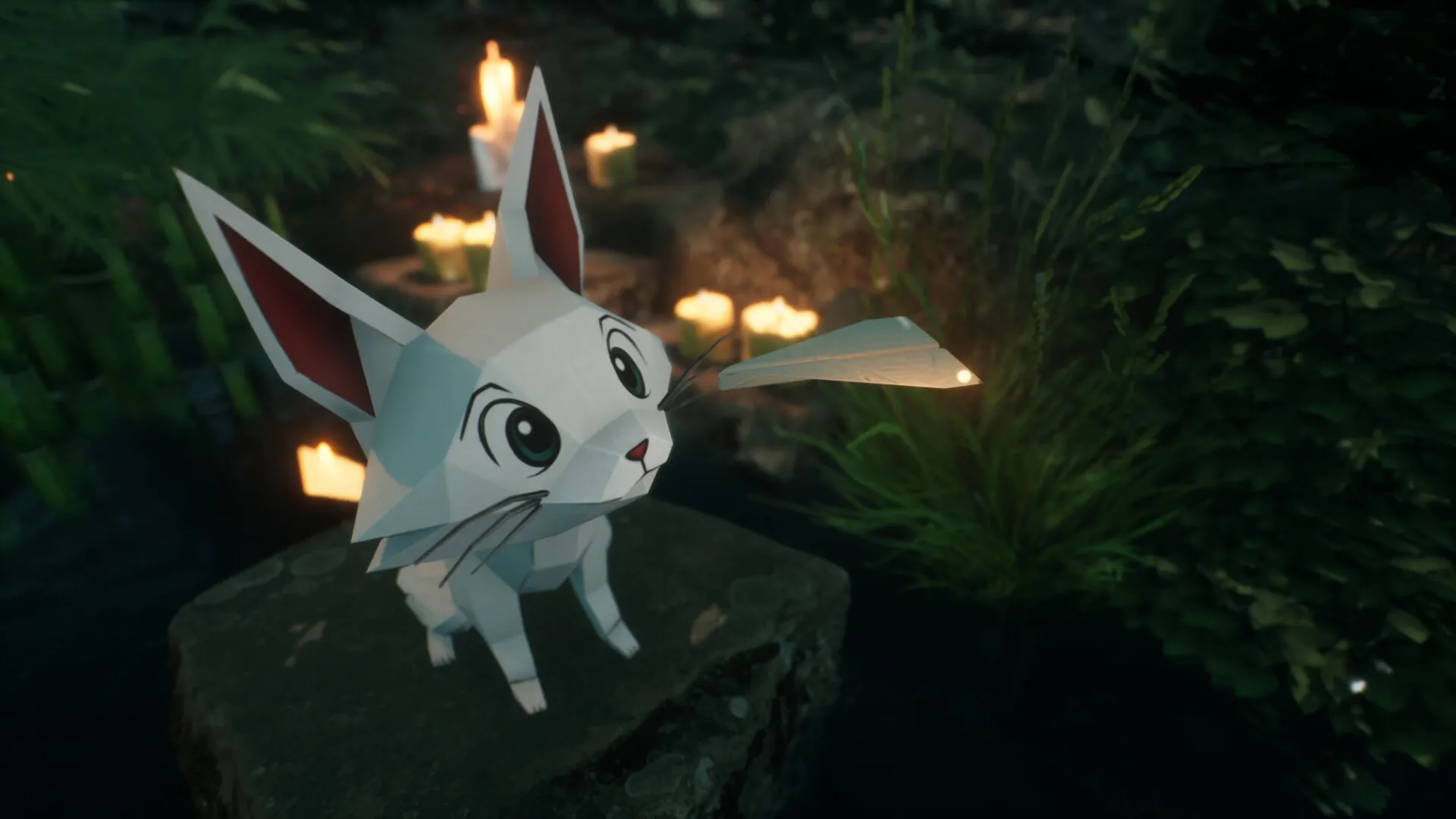 Origament: Origami creature and paper plane in a candle-lit forest clearing