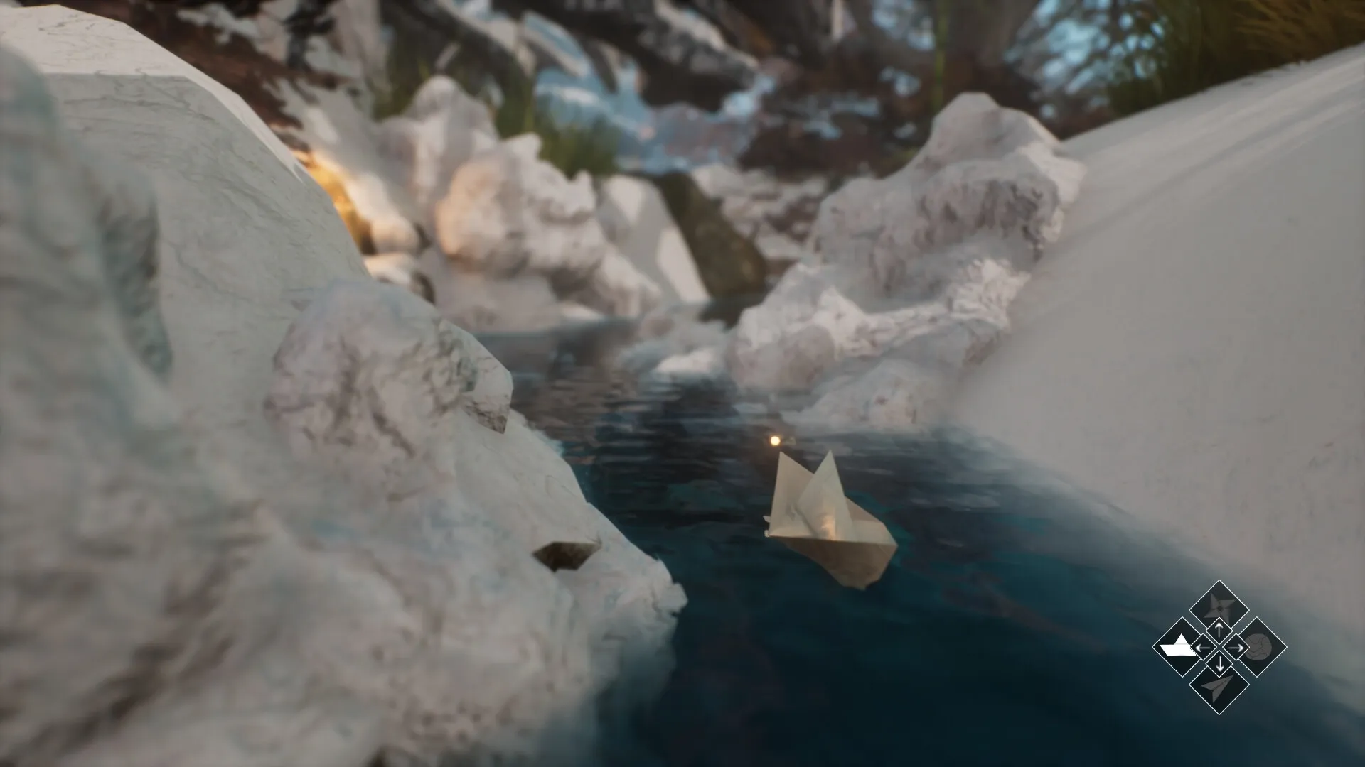 Origament: Paper boat navigating icy stream with transformation menu visible in snowy mountain landscape