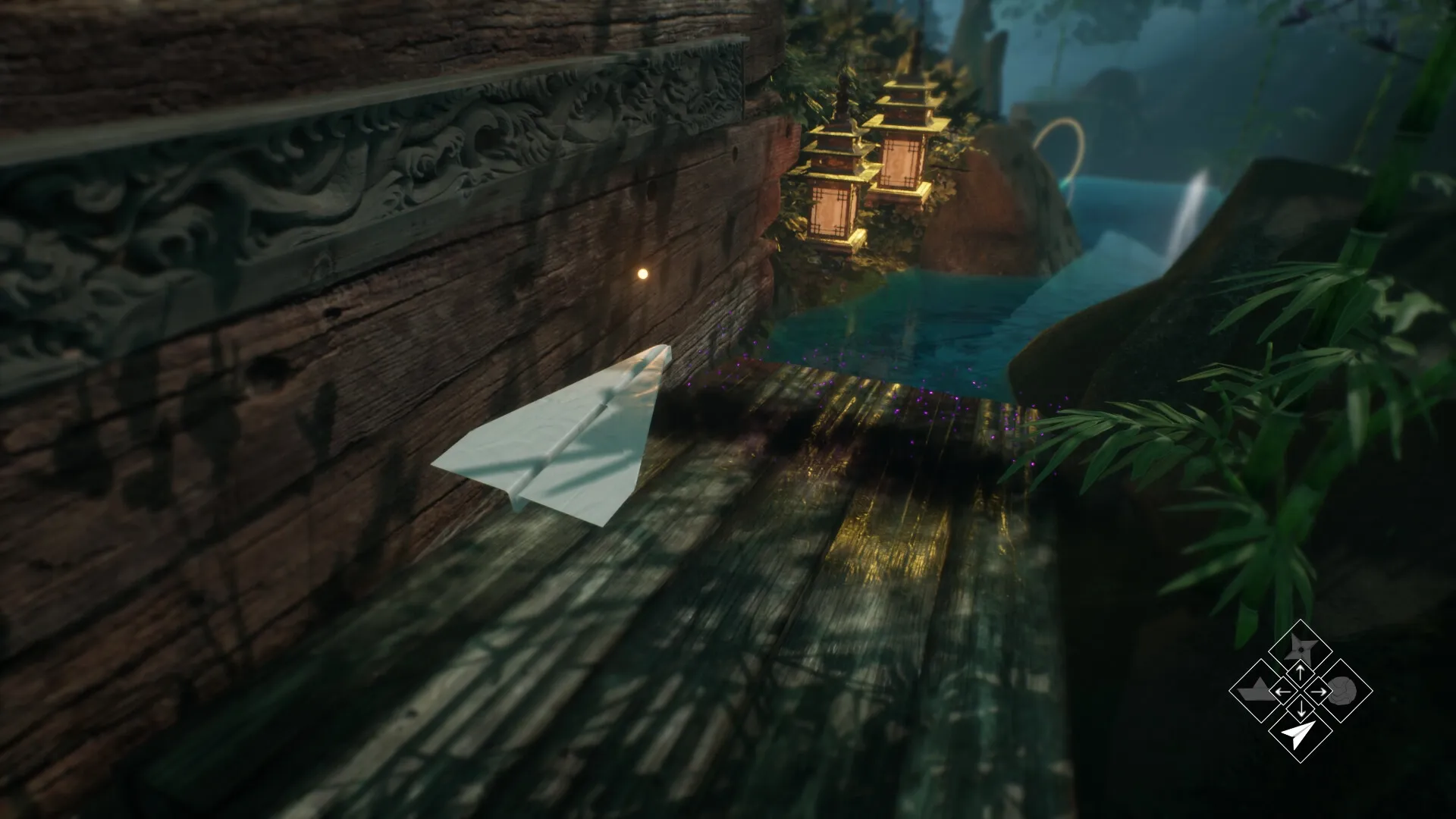 Origament: Paper plane flying near carved wooden wall with glowing lanterns and bamboo in forest setting