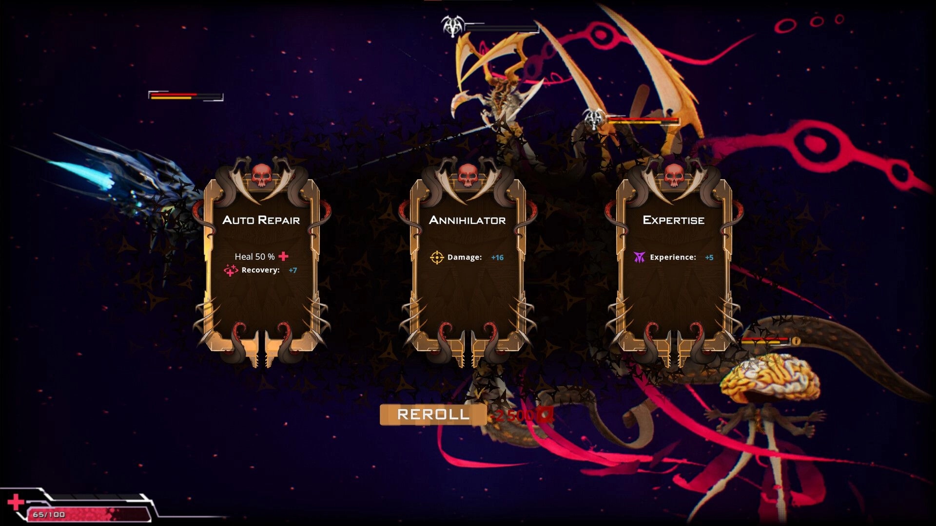 Orium: Three upgrade cards, "Auto Repair," "Annihilator," and "Expertise," displayed in space combat.