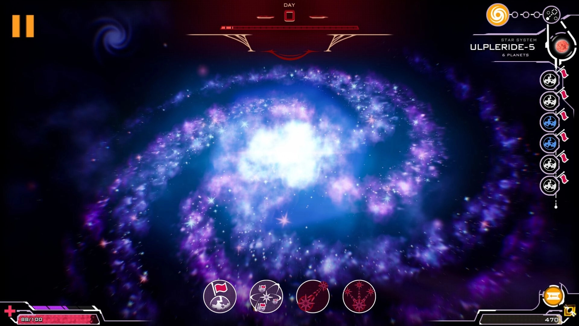 Orium: Galaxy map displaying star system Ulpleride-5 with UI elements and action icons visible.