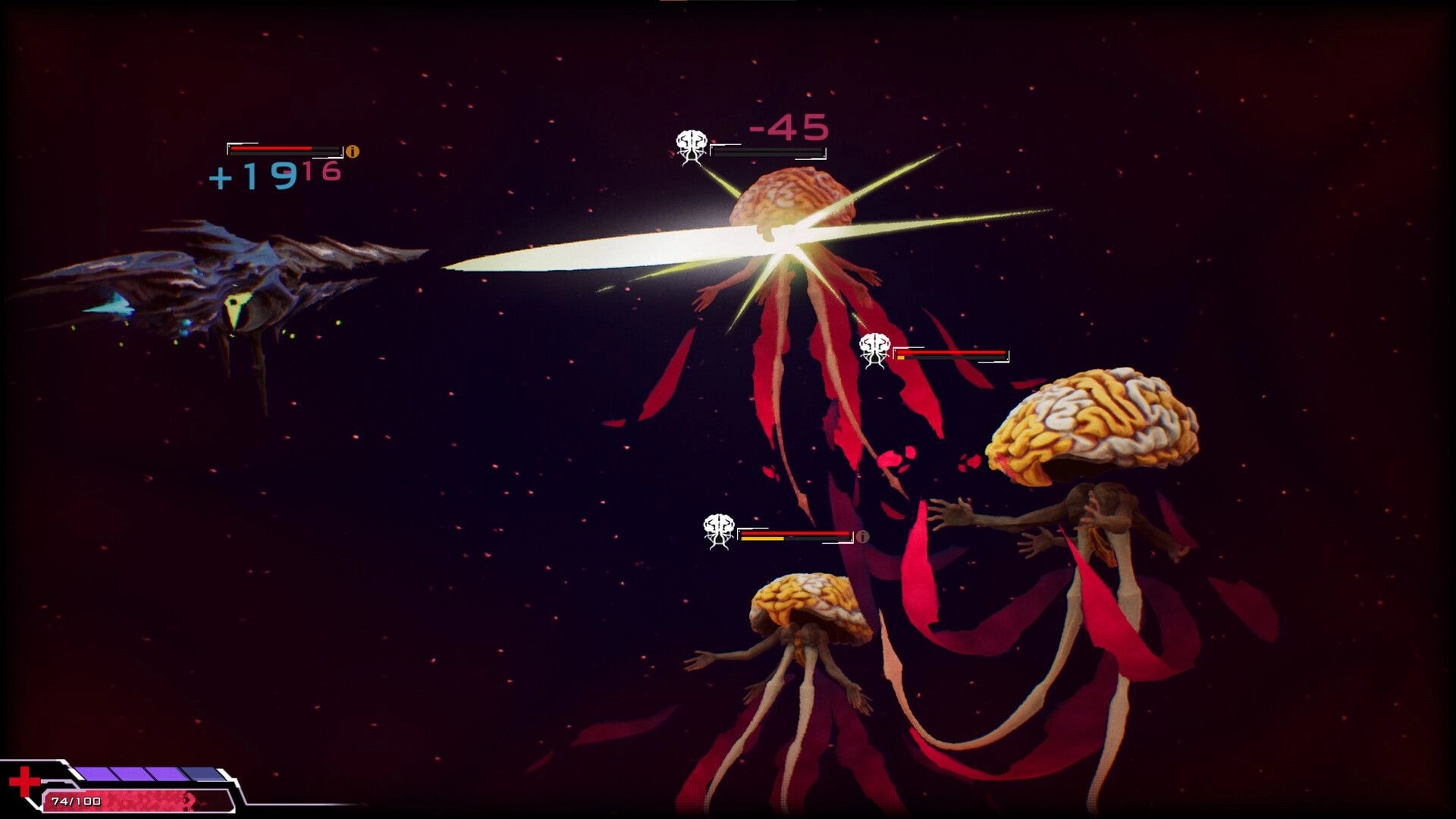 Orium: Space combat with alien creatures and player's ship displaying health and damage indicators