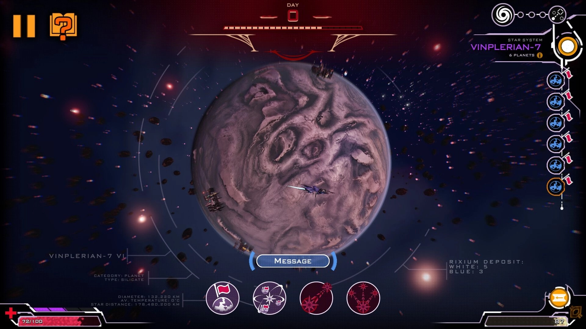 Orium: Spaceship orbits Vinplerian-7, UI displays planet details and action icons in star system.