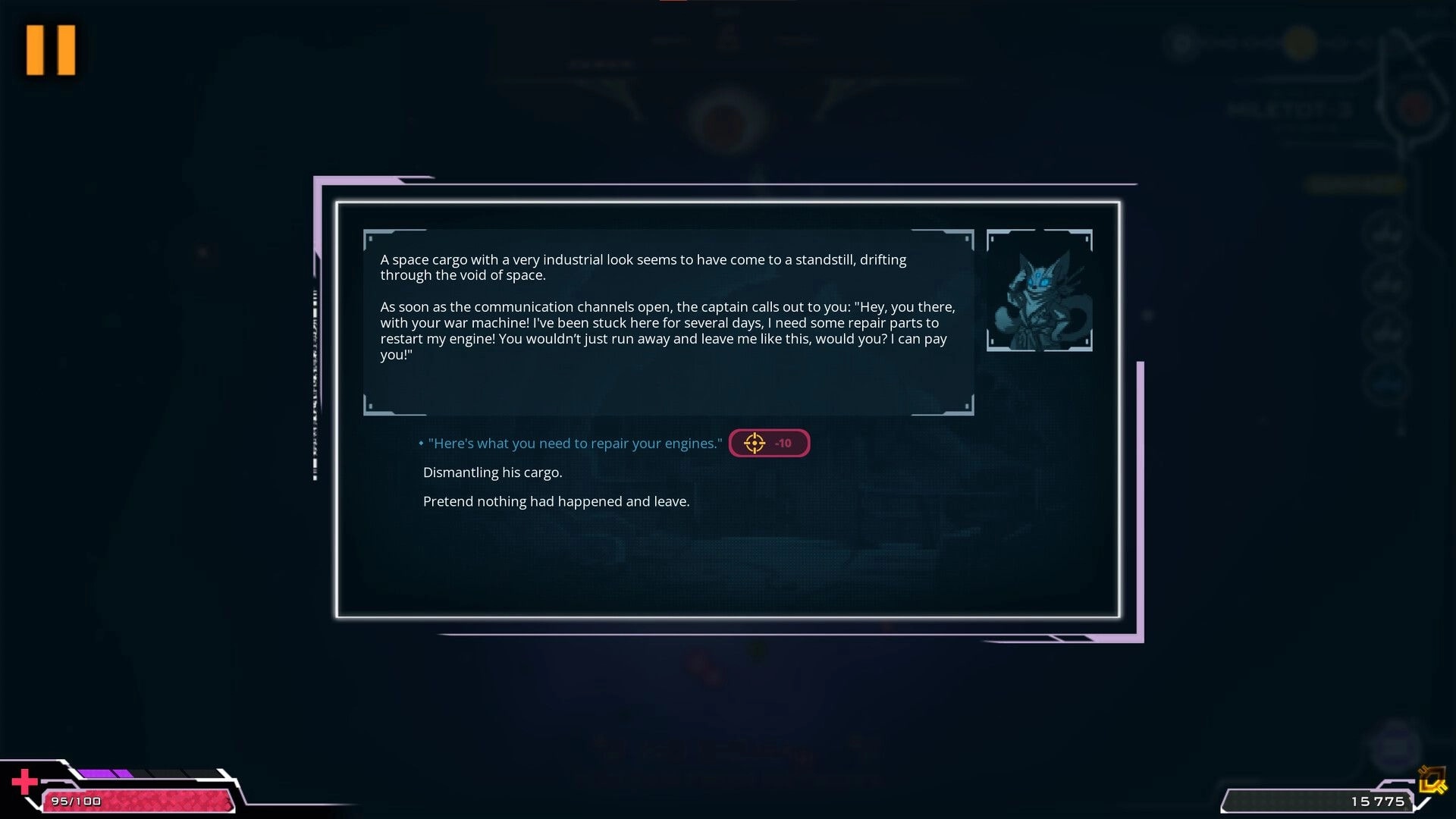 Orium: Dialogue choice screen with options to assist or abandon a stranded captain in deep space