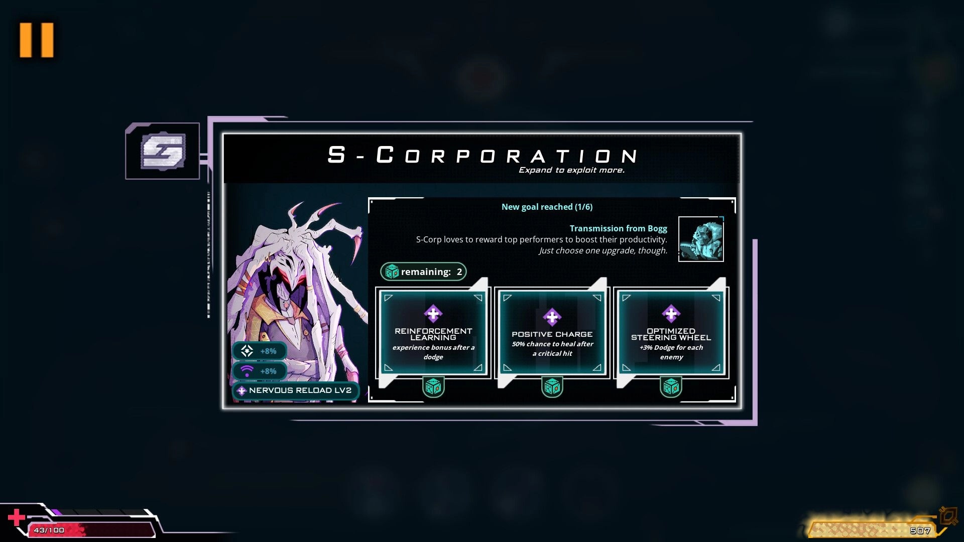 Orium: S-Corporation upgrade screen with character portrait and three upgrade options in space setting
