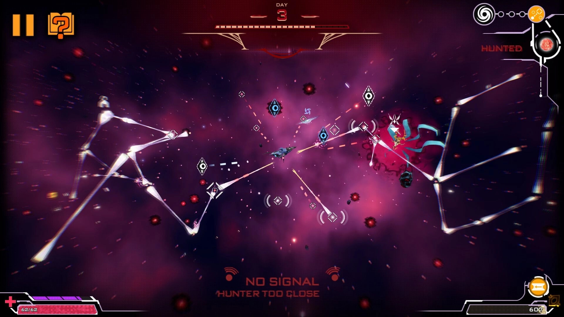 Orium: Space battle with enemy ships and laser fire in a vibrant purple nebula environment