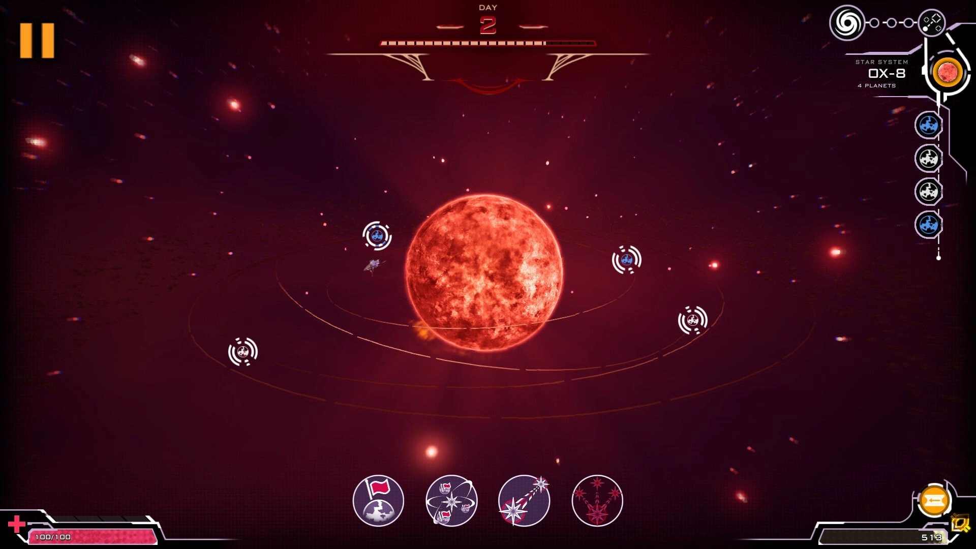 Orium: Spaceship orbits star with HUD elements displaying health, resources, and planetary system data