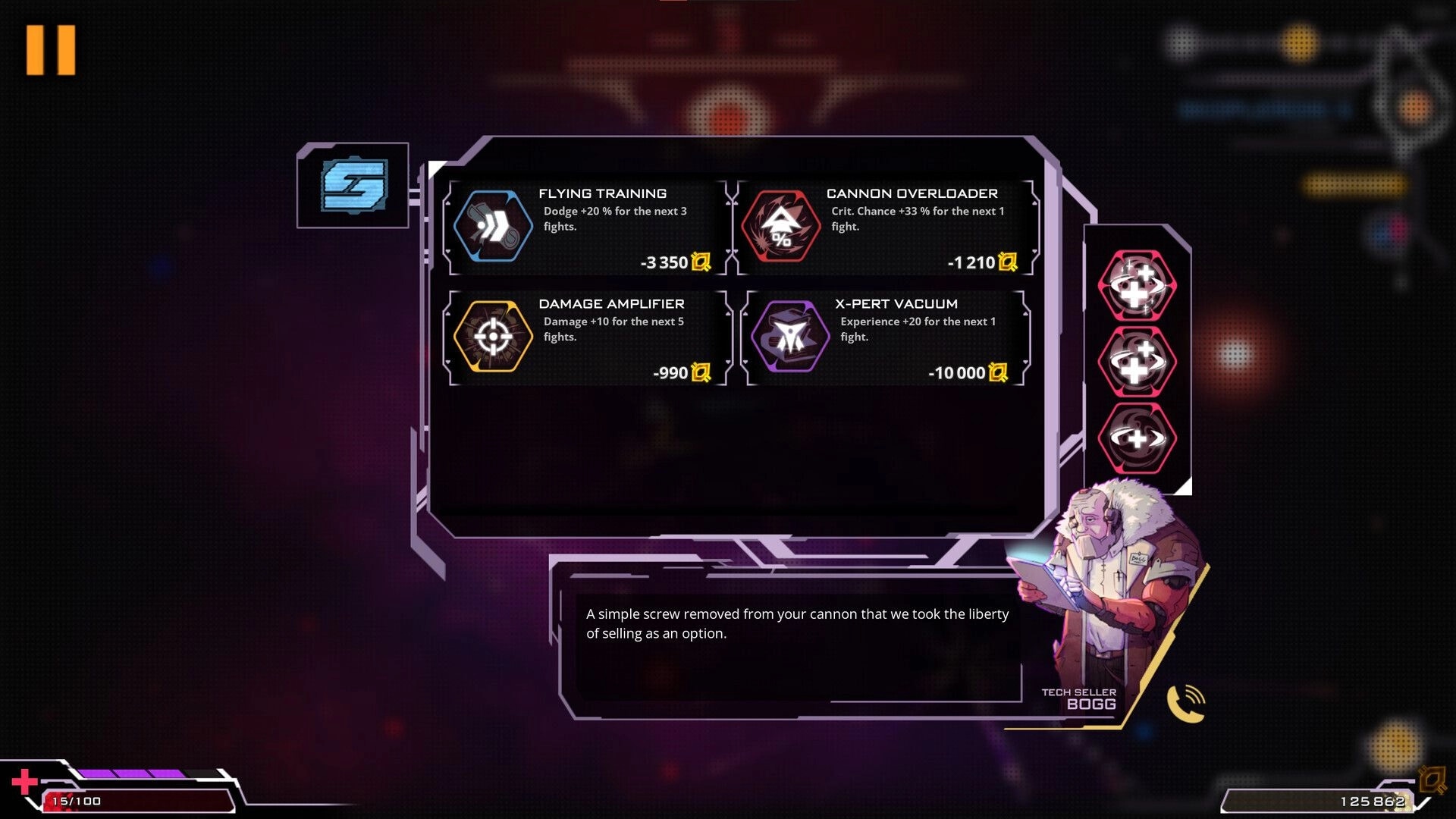 Orium: Tech seller Bogg offers upgrades in space with options for dodge, crit, damage, and experience.