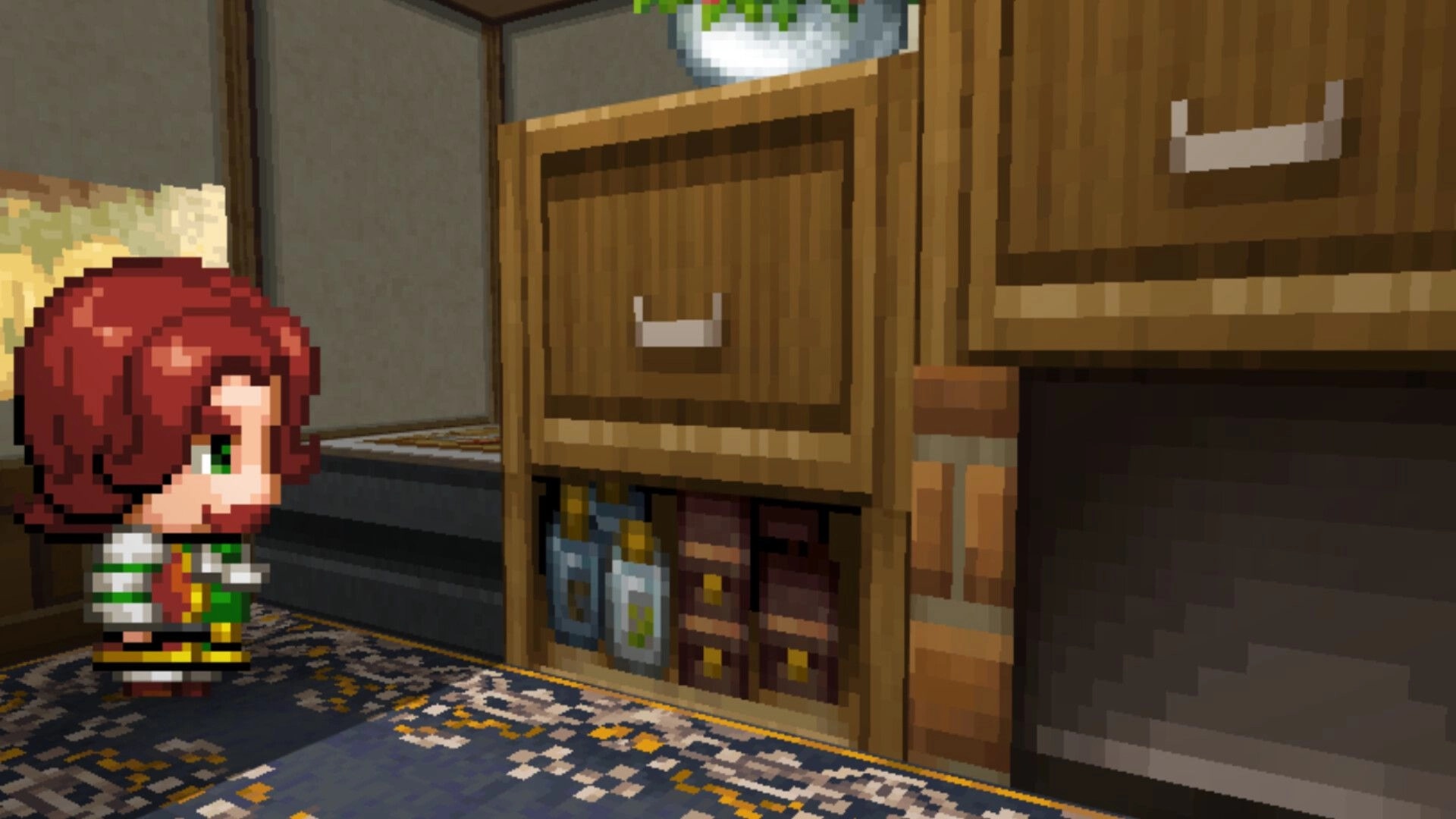 Orius SOmbréa RPG: Red-haired pixel hero stands by wooden cupboards in a cozy room interior.