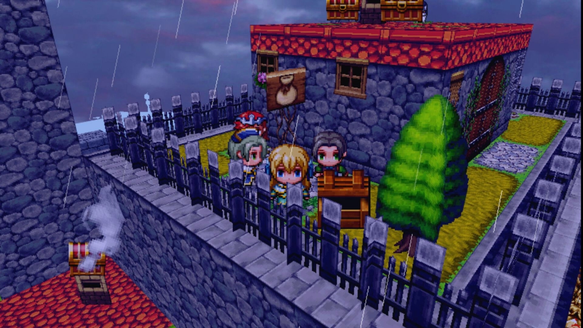 Orius SOmbréa RPG: Three party members by a fenced graveyard in rain beside a stone house and tree.