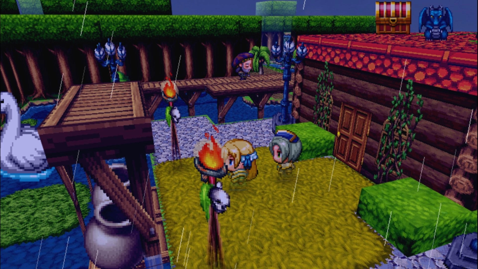 Orius SOmbréa RPG: Two chibi adventurers by torches outside a cabin in a rainy village area.