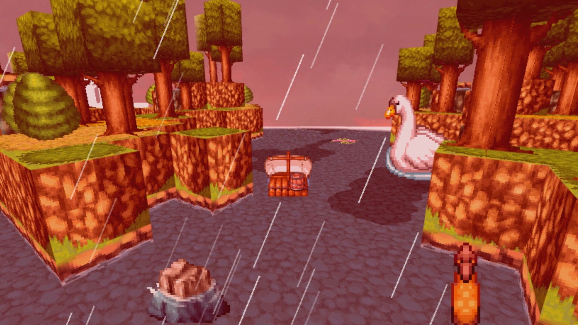 Orius SOmbréa RPG: Raft sailing down a rainy river past cliffs and trees, huge swan ahead.