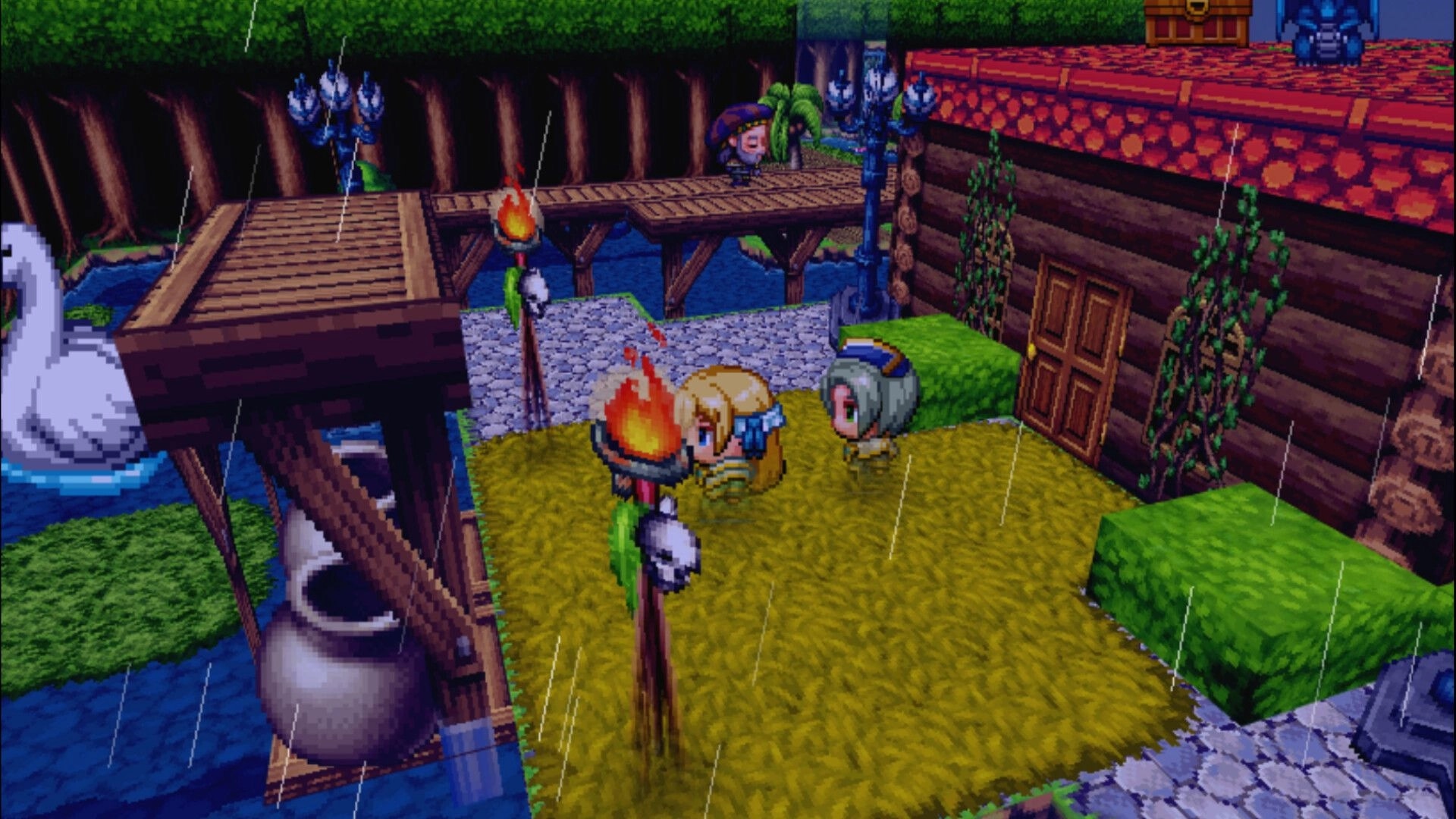 Orius SOmbréa RPG: Two chibi characters by torch posts near a cabin and bridge in rain-soaked village.