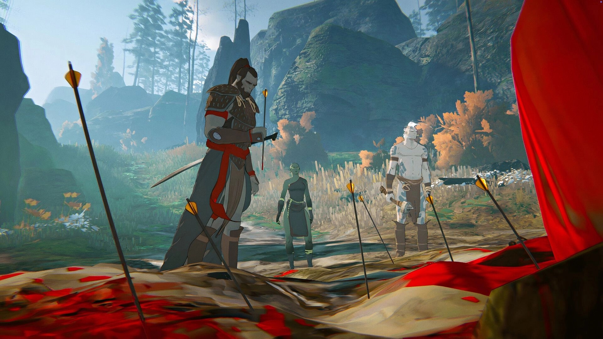 Orken: Three warriors stand by bloodstained ground with spears on a rocky forest trail.