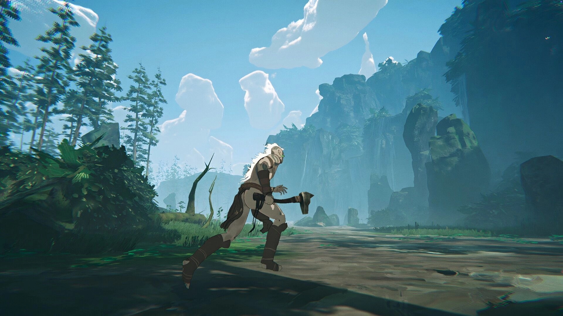 Orken: White-haired warrior runs with a hammer along a forest trail beneath towering cliffs.