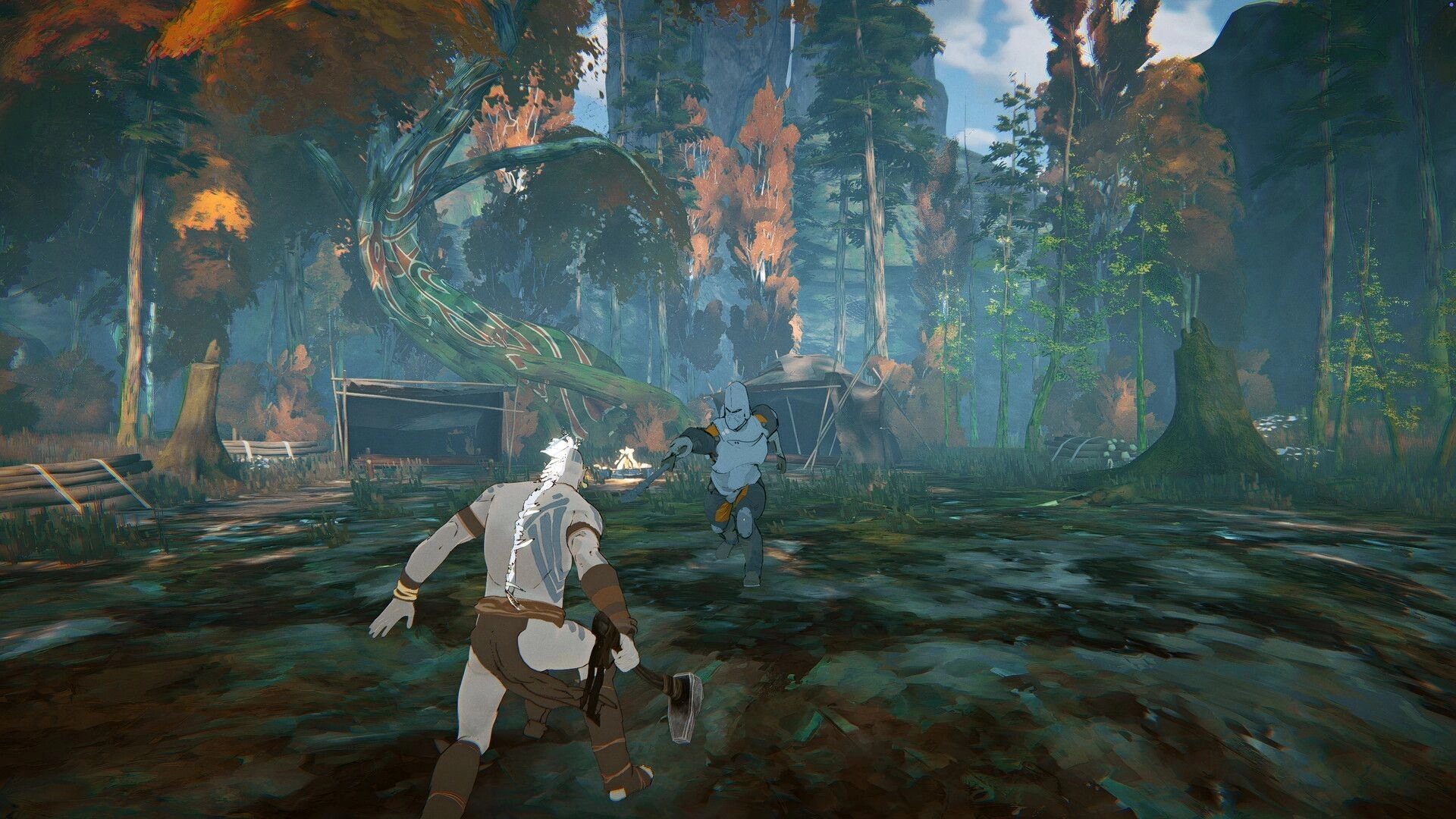 Orken: Third-person duel as axe-wielding warrior faces armored foe in a misty forest camp.