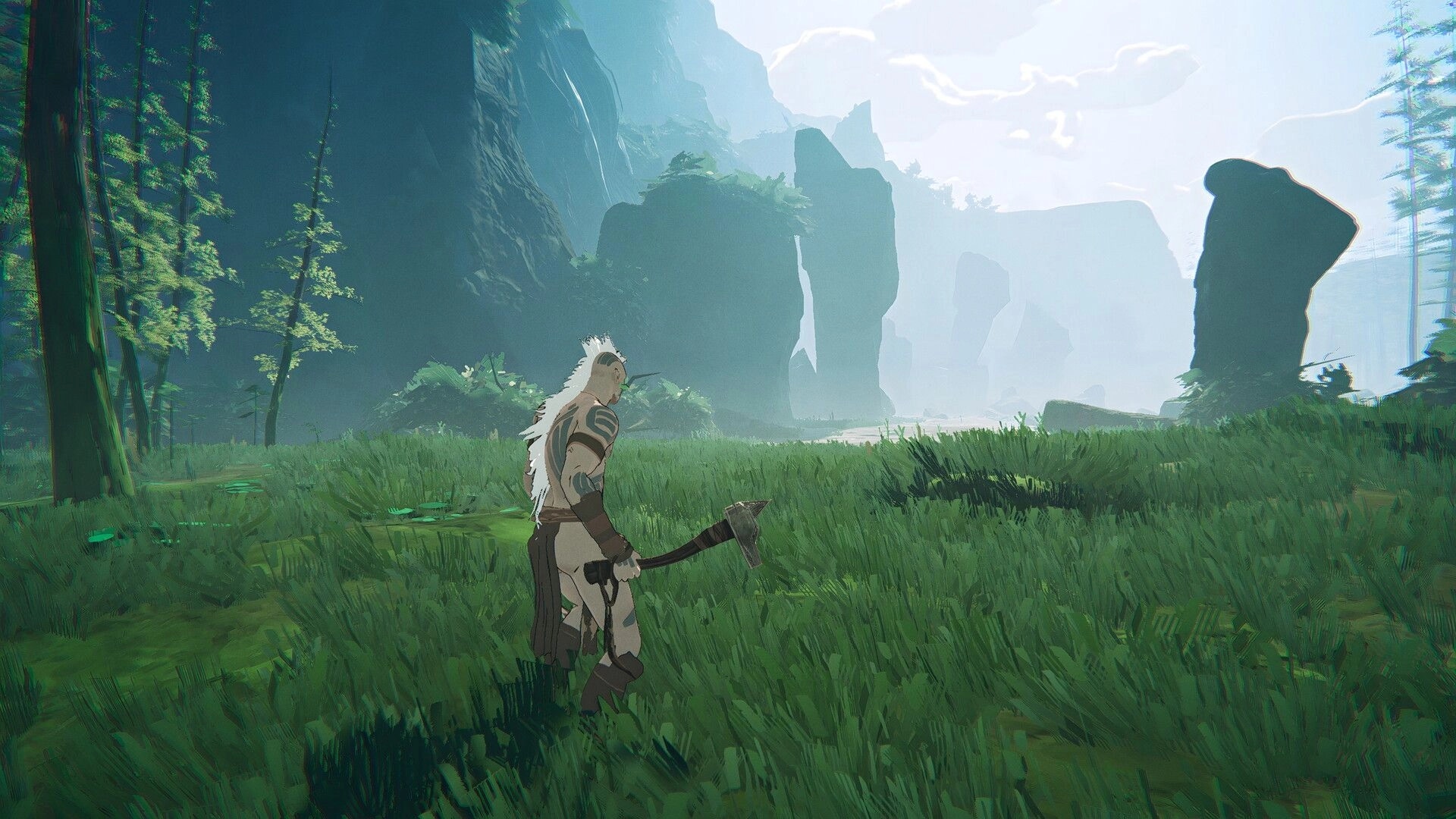 Orken: Warrior holding an axe explores tall grass valley with towering cliffs and misty ruins ahead.