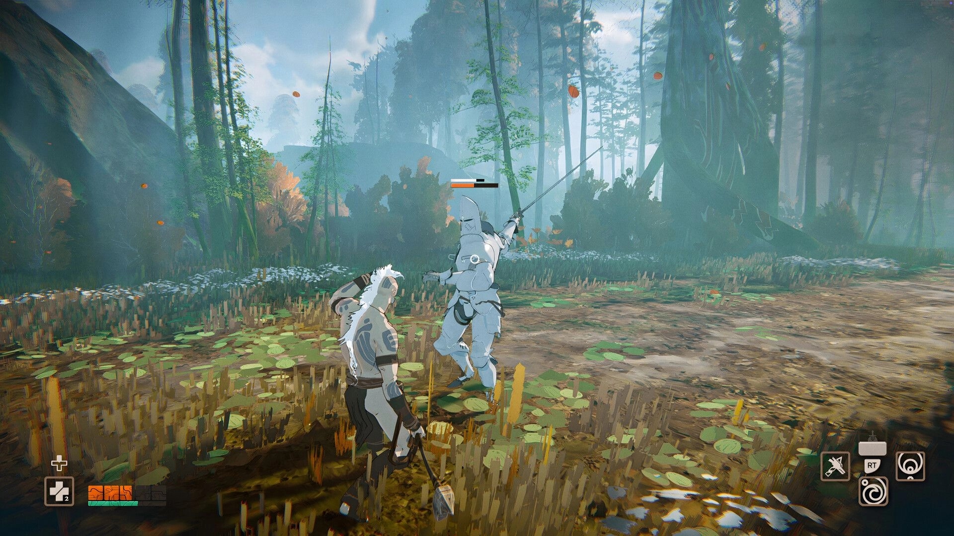 Orken: Third-person fight as warrior faces armored sword enemy in misty forest clearing with HUD.