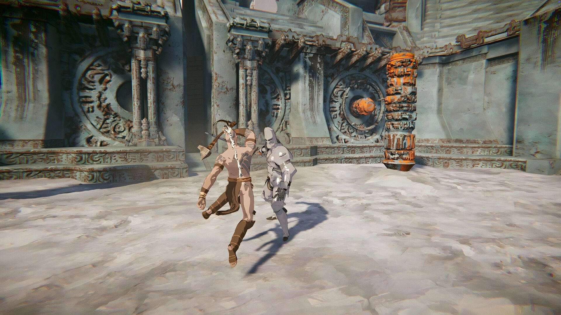 Orken: Shirtless warrior swings an axe at a gray armored foe in a carved stone temple courtyard.