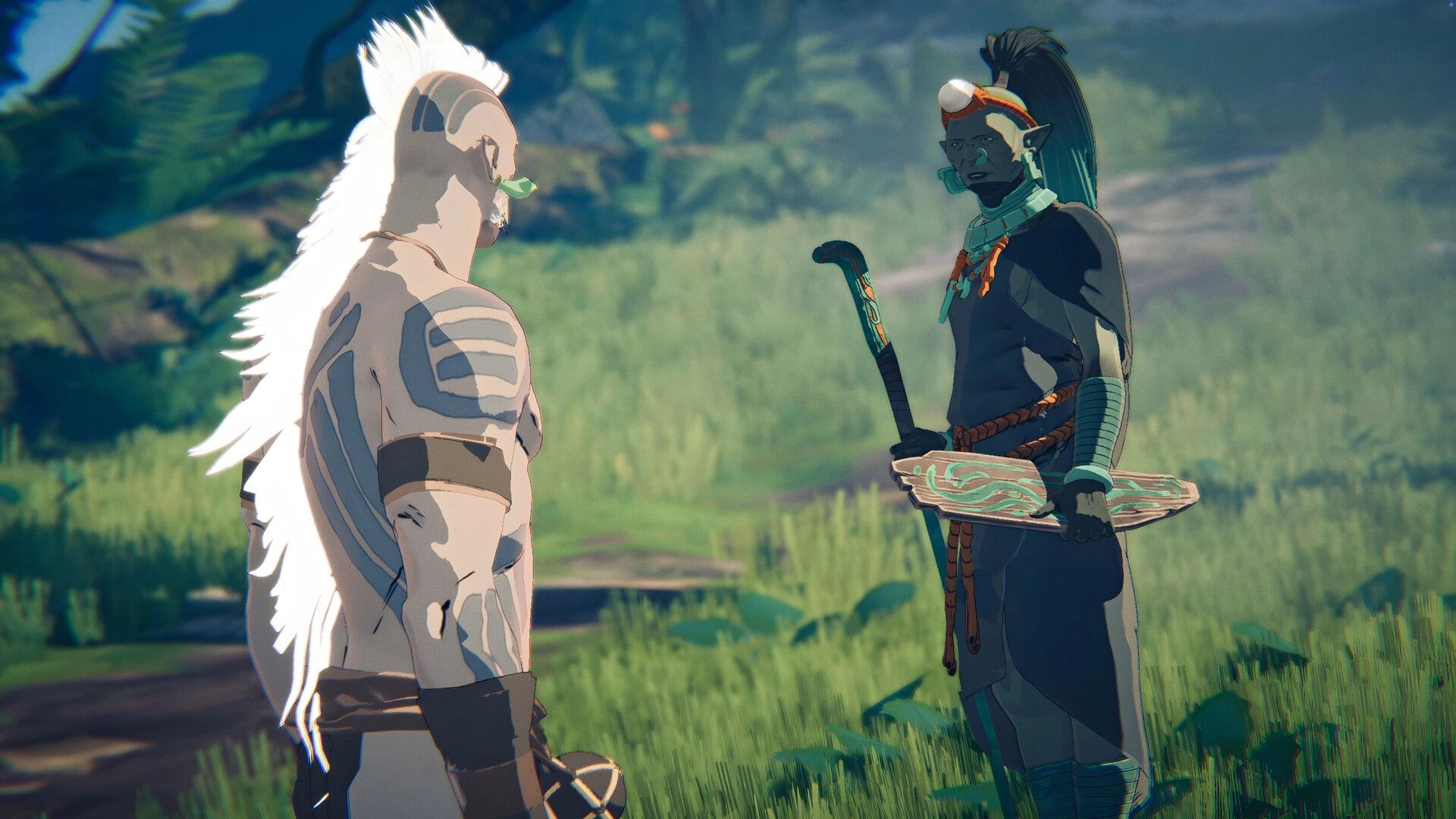 Orken: Two characters face each other in dialogue, one holding a carved board in grassy clearing.