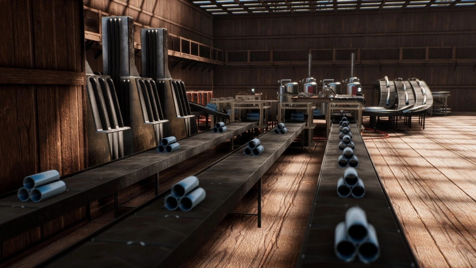 ORMOD: Automated conveyors moving bundled pipes toward machinery inside a wooden factory workshop hall.