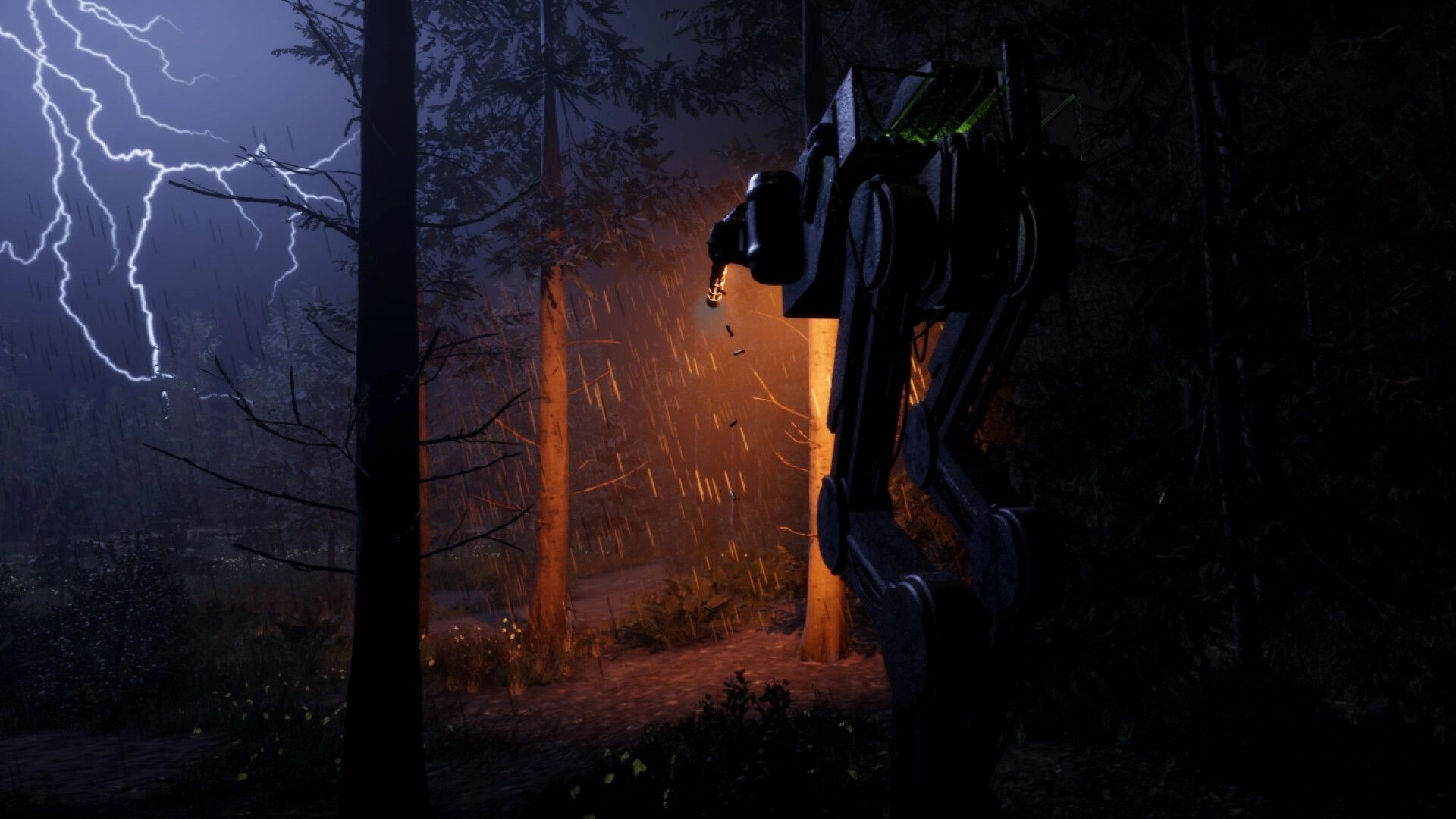 ORMOD: First-person view aiming a mechanical weapon in a stormy forest lit by lightning and firelight.