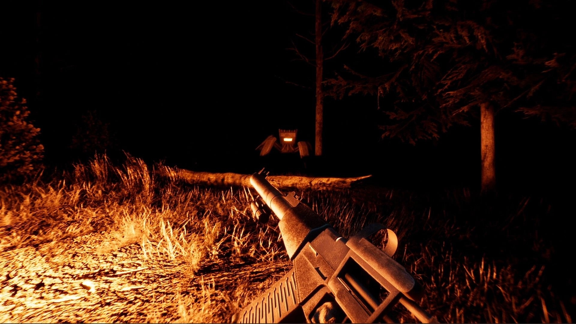 ORMOD: Player aims rifle at glowing robot behind fallen log in dark forest at night lit by firelight.