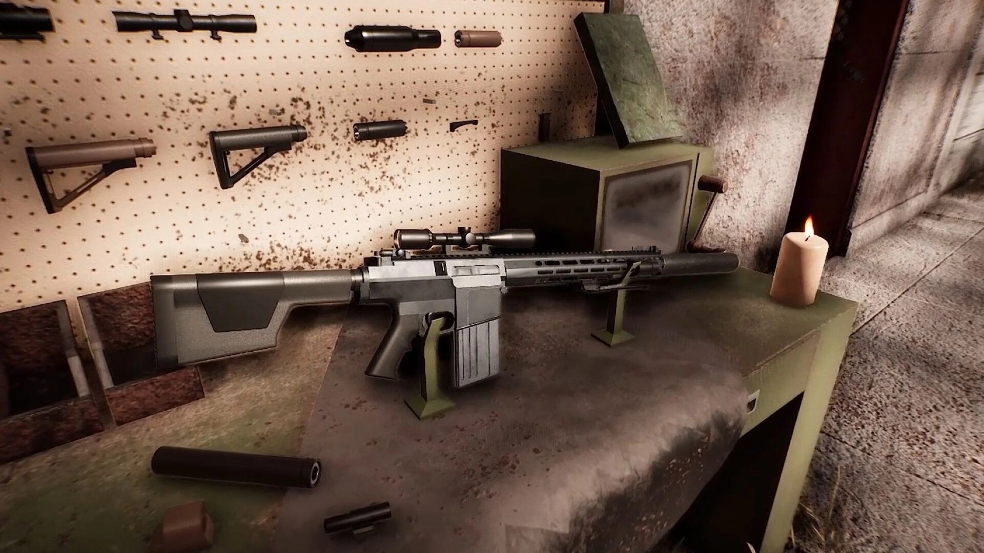 ORMOD: Suppressed rifle with scope on workbench beside attachments and candle in gritty armory room.