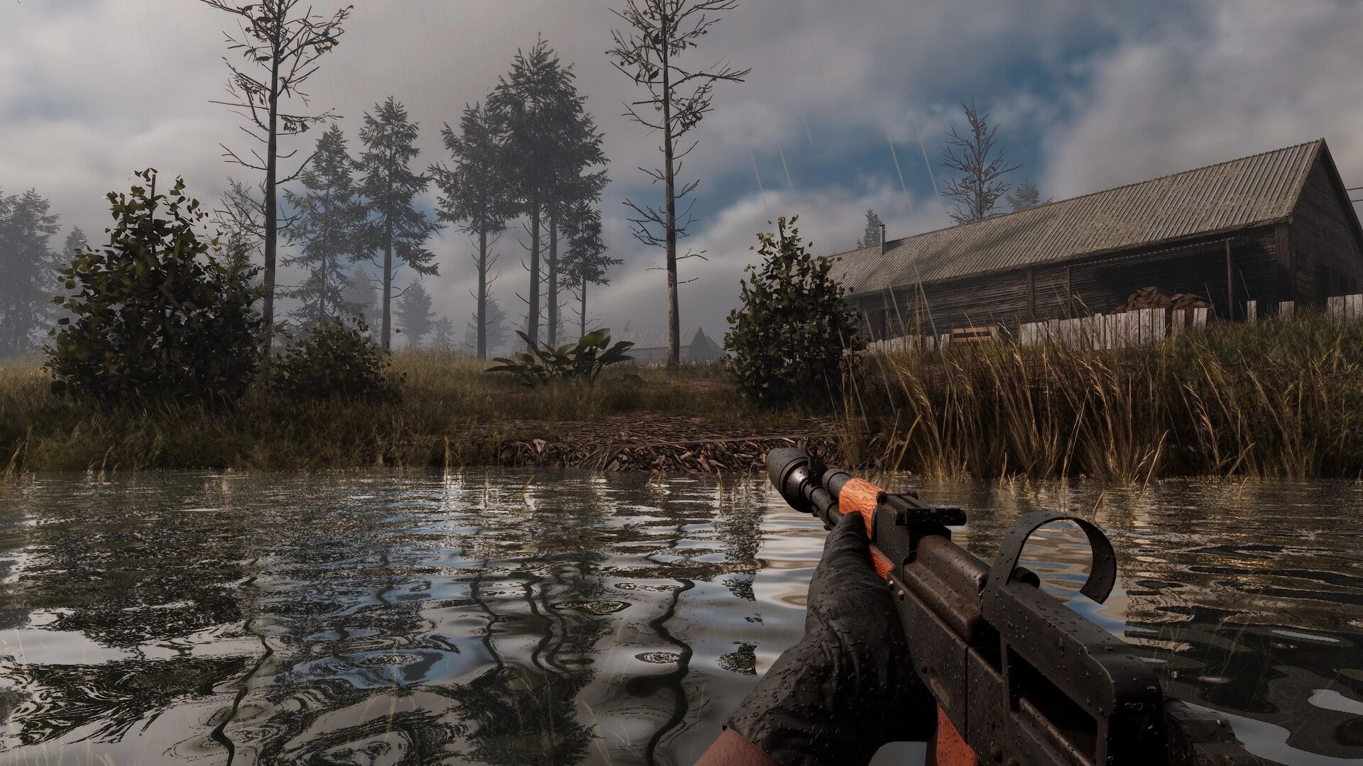 ORMOD: First-person view aiming suppressed rifle from water at a barn in rainy forest clearing.