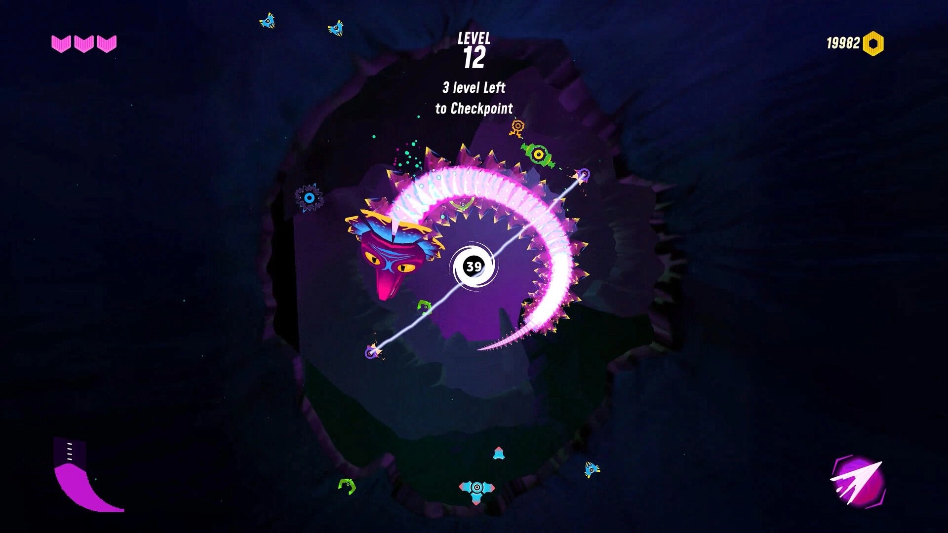 OROBOROS: Serpent-like creature spirals with vibrant colors in a dark cavernous level 12 environment