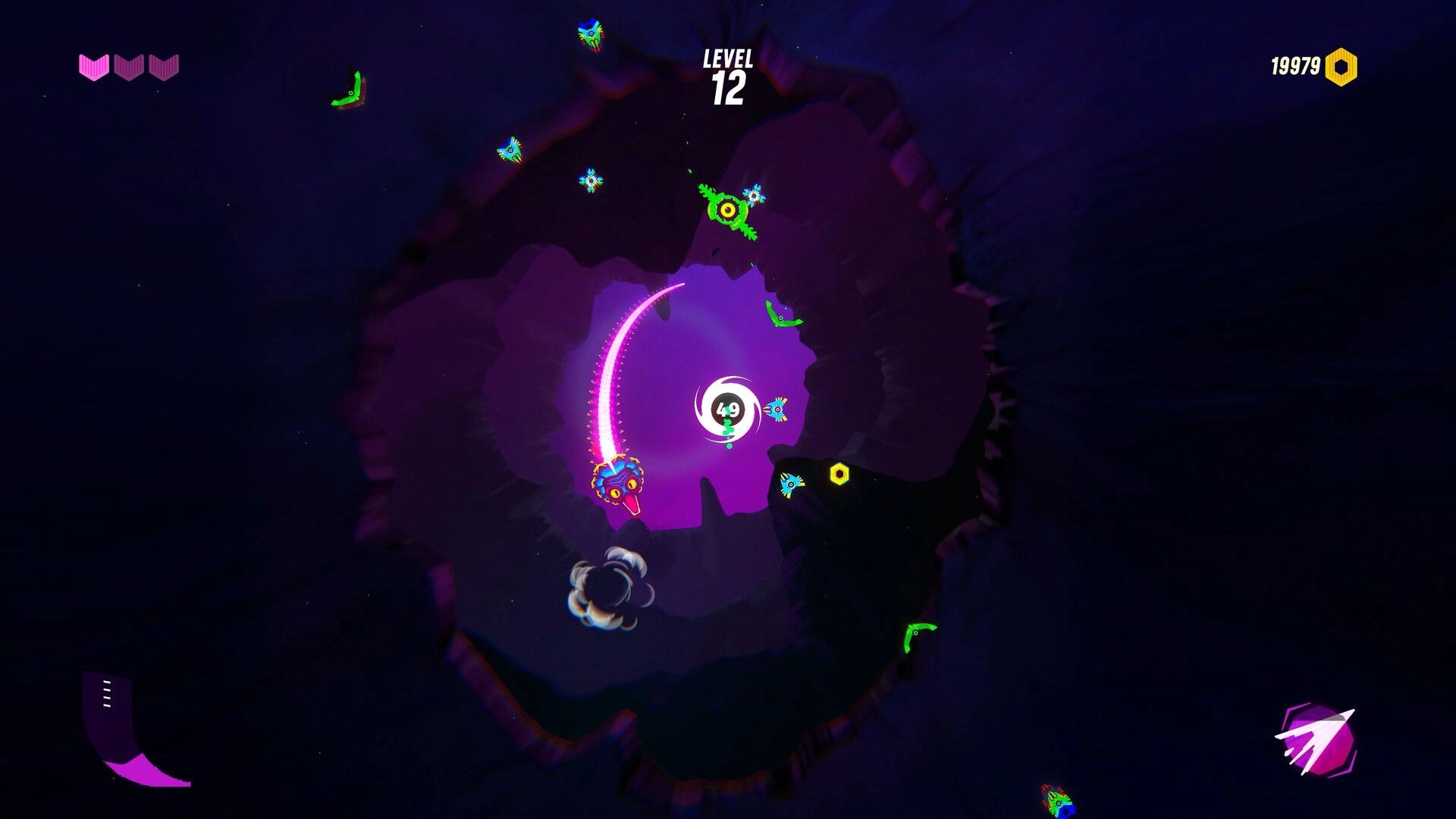 OROBOROS: Player battles colorful enemies at Level 12 in a dark arena with score and health displayed.