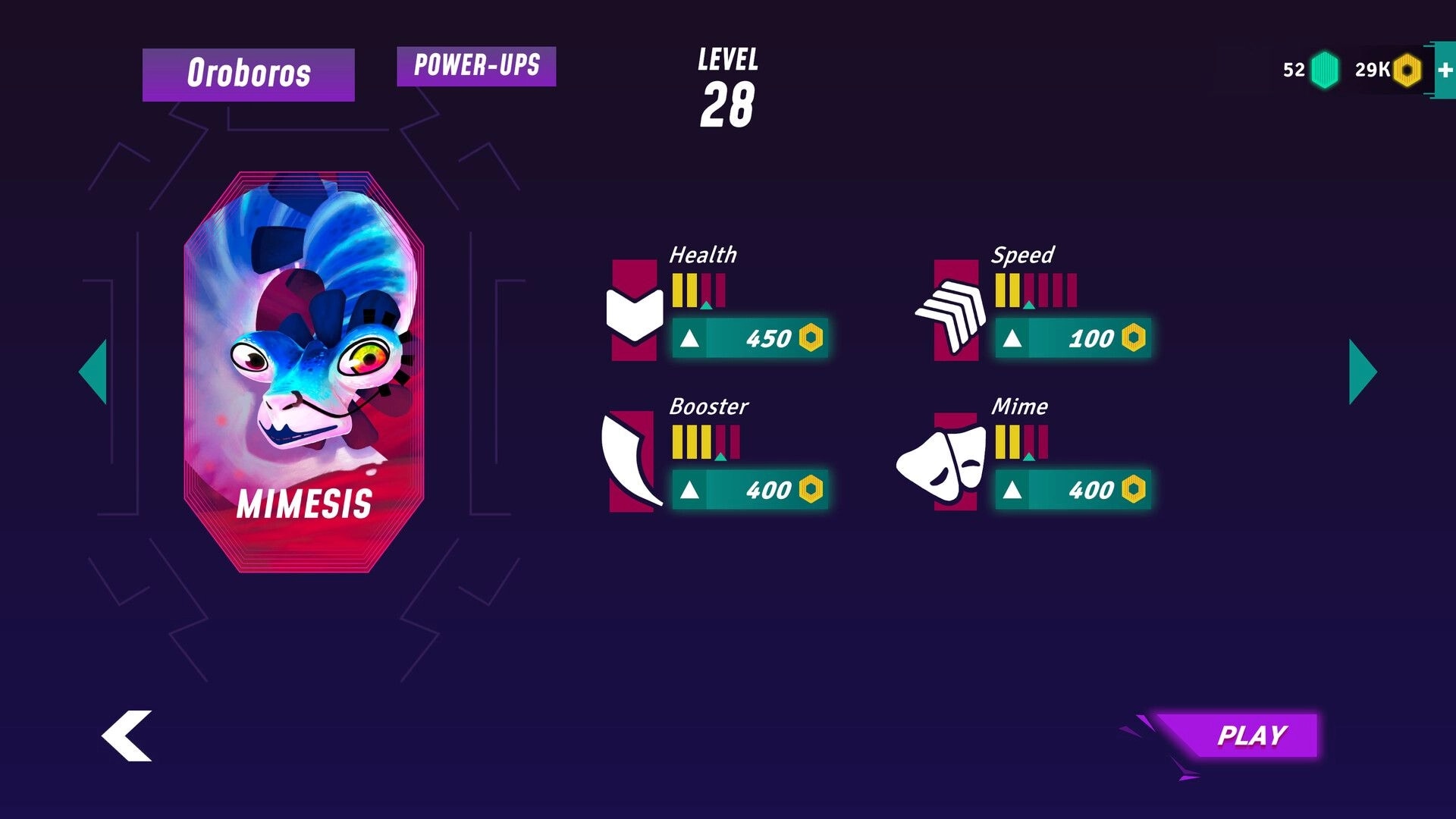 OROBOROS: Power-up menu showing Mimesis character with health, speed, booster, and mime options