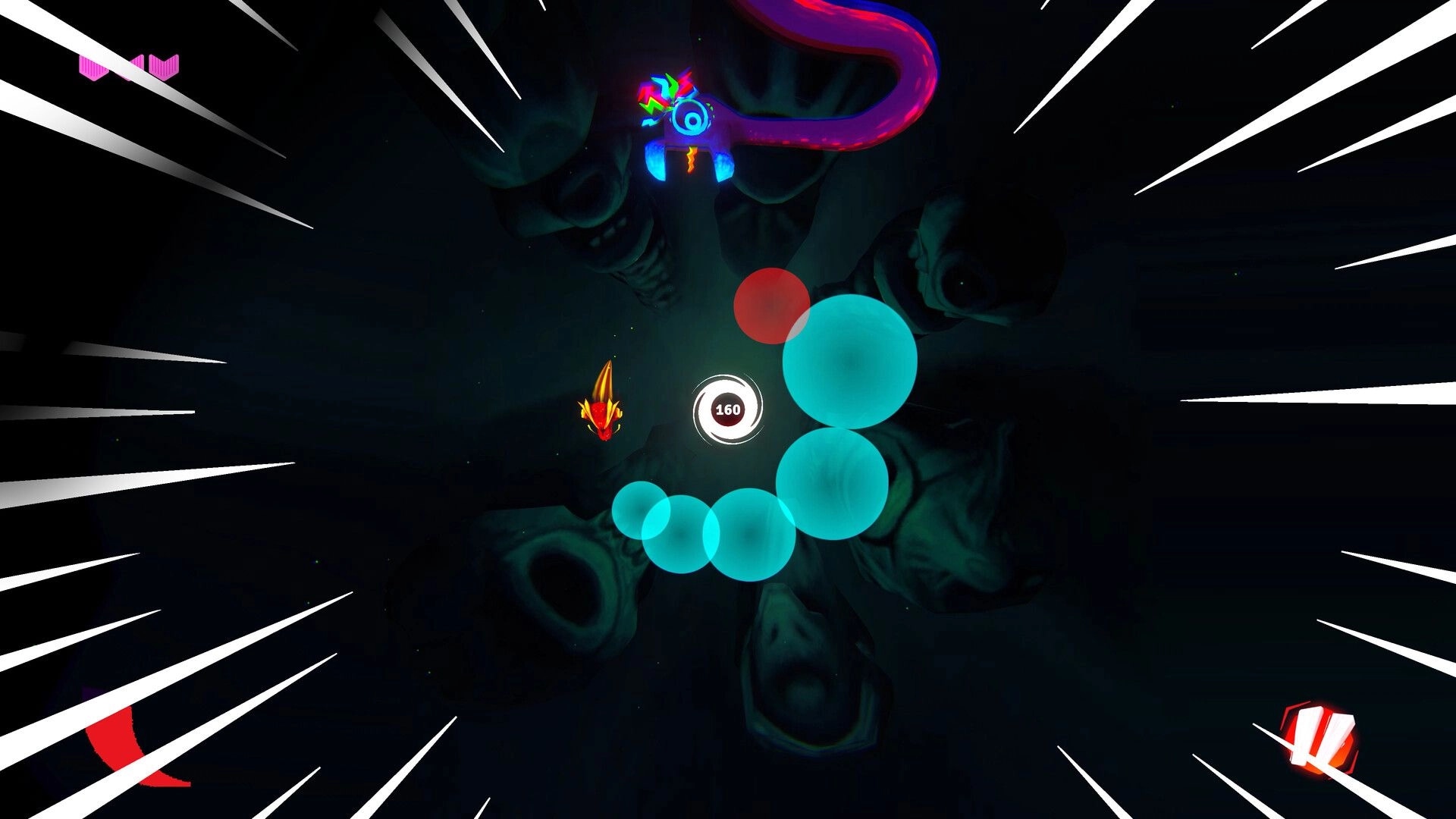 OROBOROS: Player navigating colorful serpent and glowing orbs in a dark, mysterious cave environment