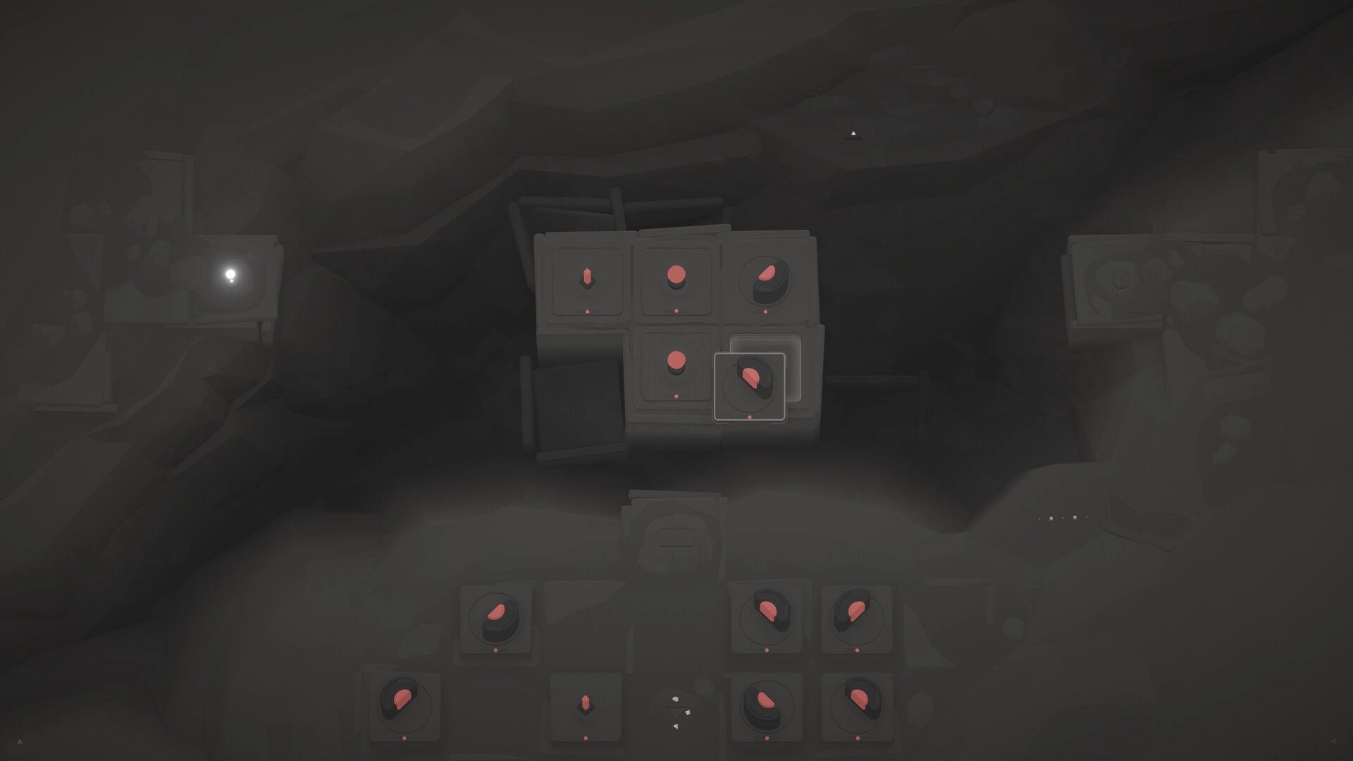 orrb: Tile placement puzzle grid with red knob icons in a dim cavern-like stone chamber.
