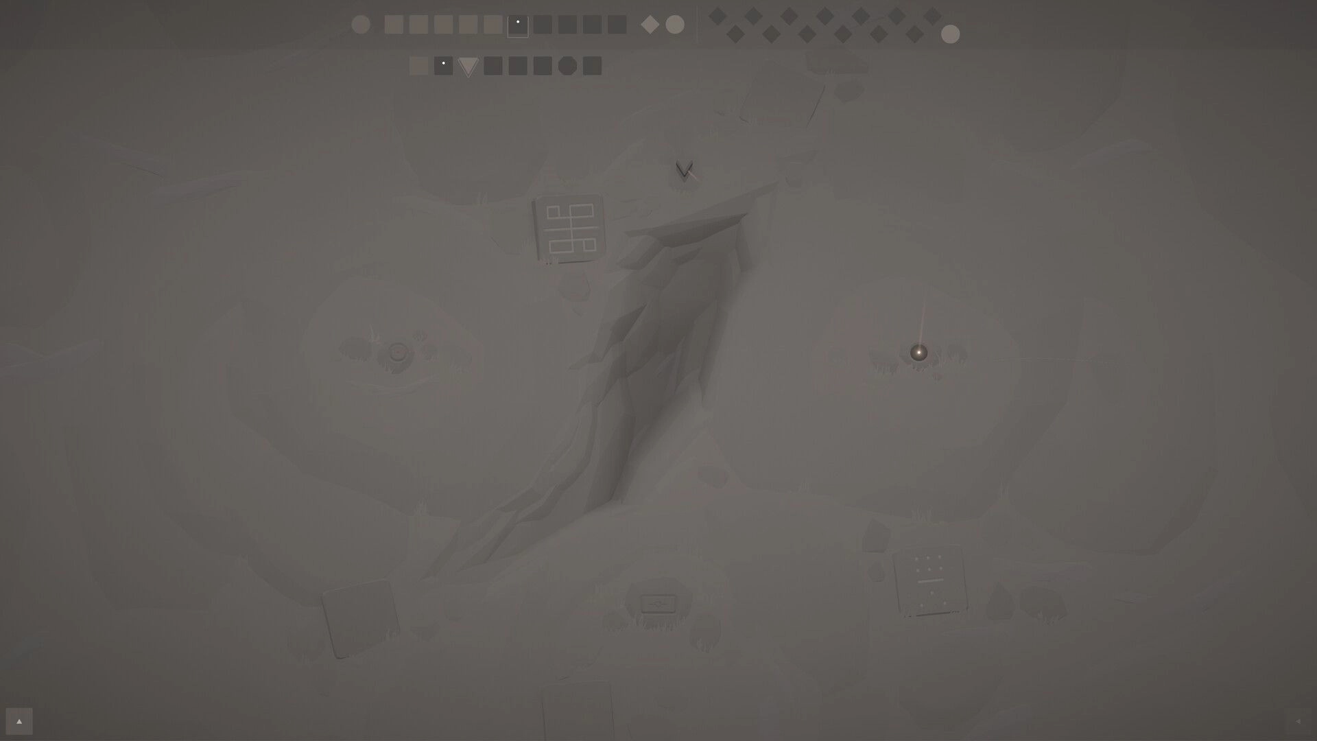 orrb: Glowing orrb marker hovers near a mountain ridge with tile palette UI on a foggy map.