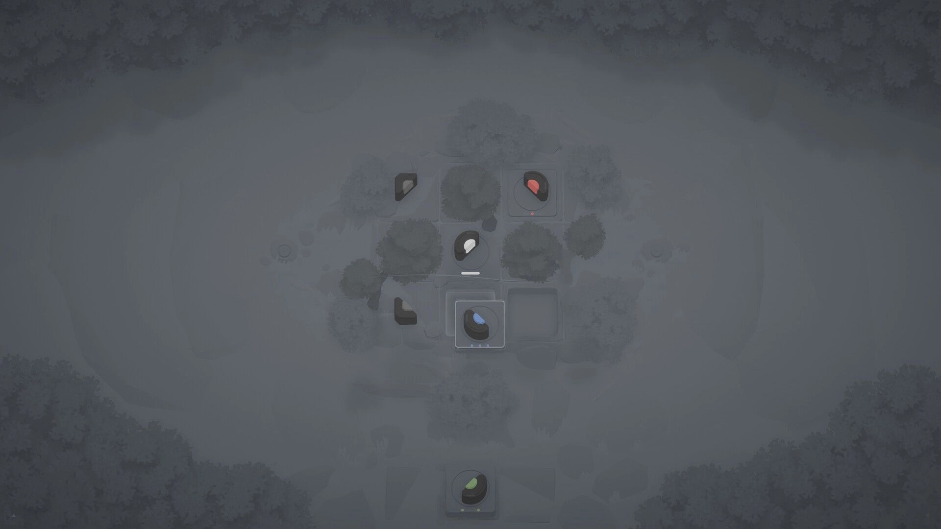 orrb: Tile grid with colored orrb markers and empty slots in a foggy forest board view.