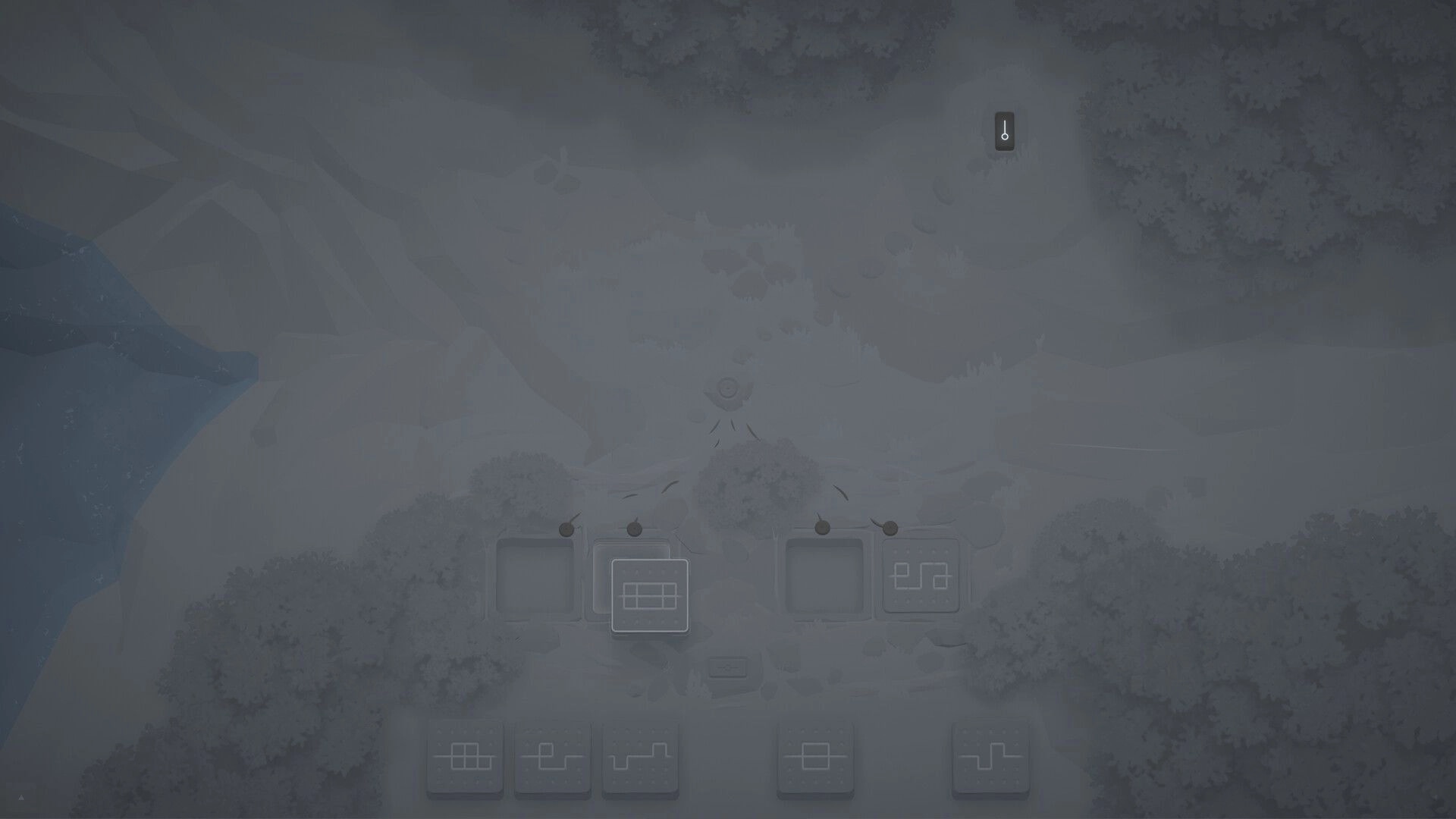 orrb: Placing a path tile on a grid with queued tiles below in a misty forest clearing.