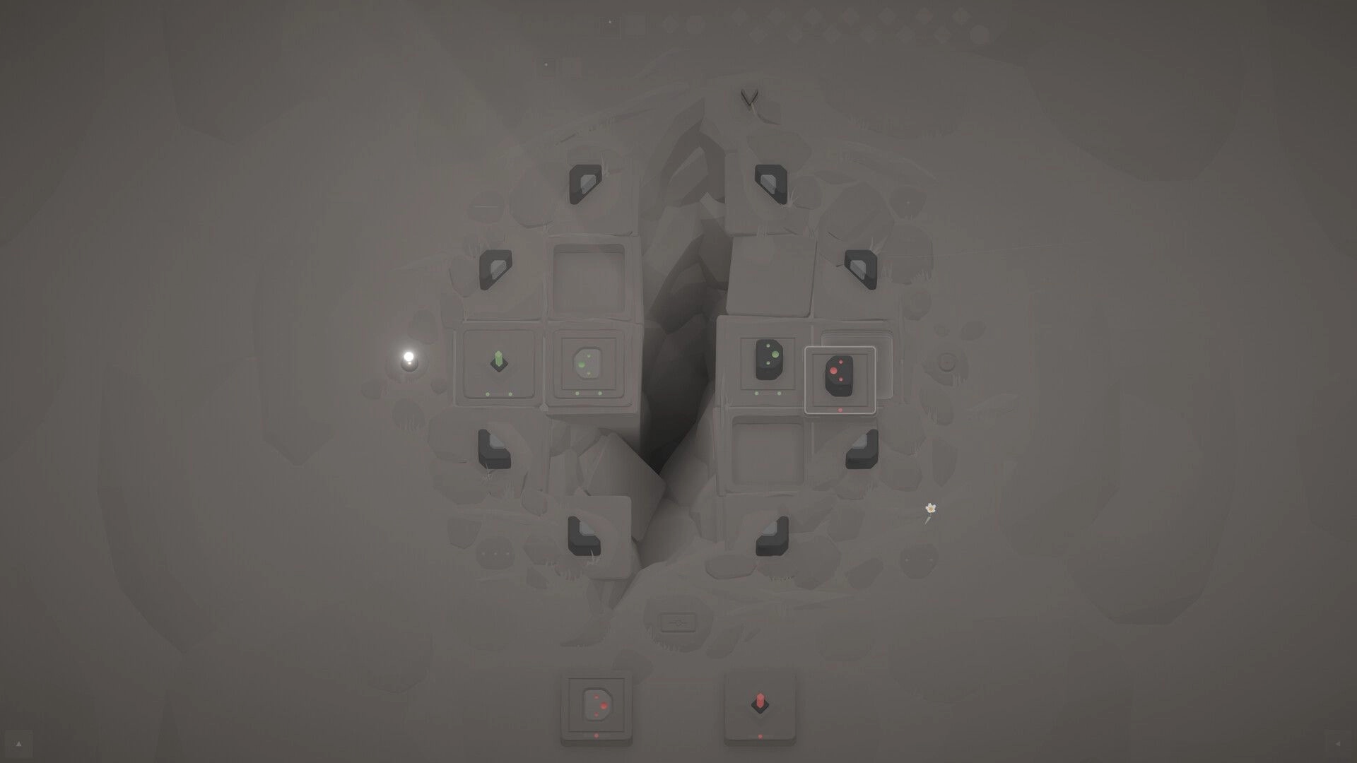 orrb: Tile path puzzle with glowing orrb and colored node tiles around a rocky chasm board.