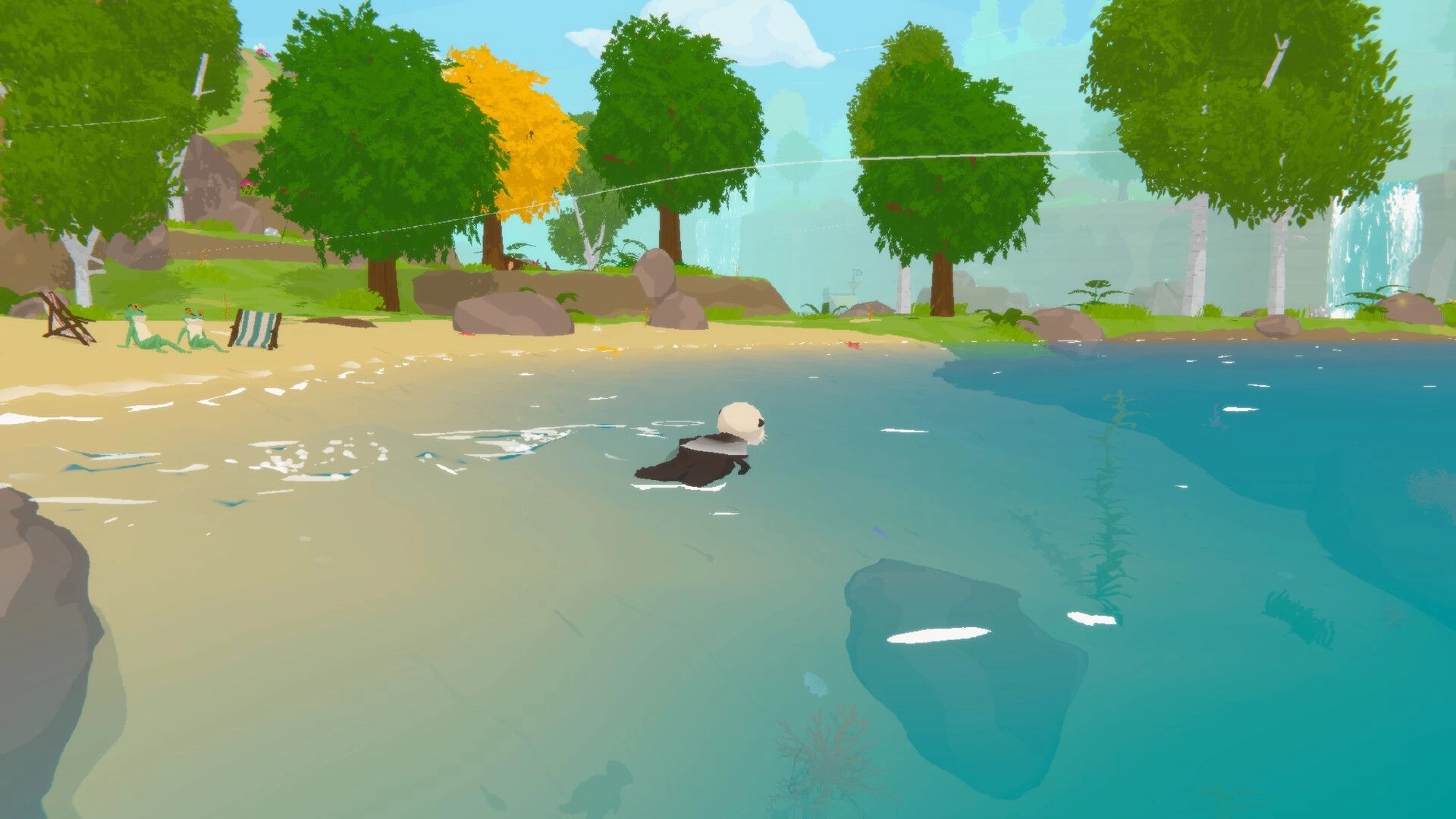 Otterly Lost: Otto swimming near a serene forested shore with lounging frogs on the sandy beach