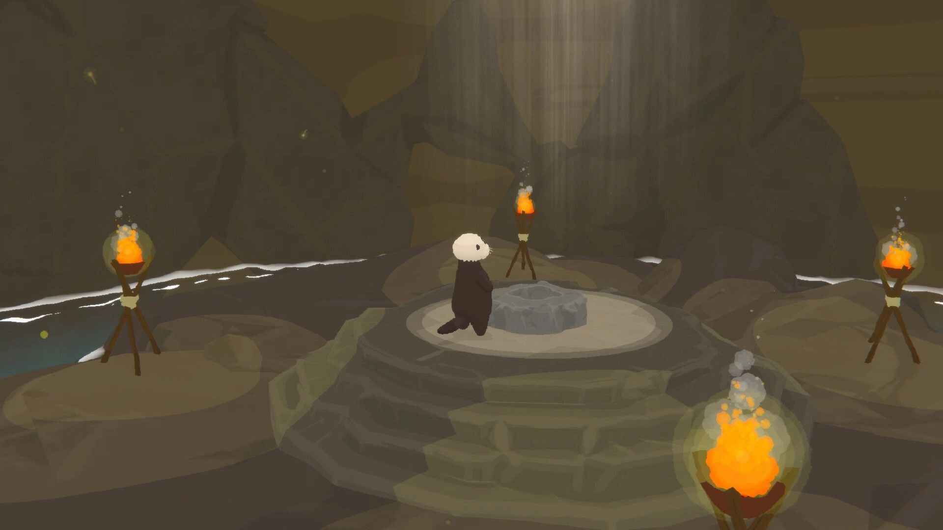Otterly Lost: Otto stands before a stone altar surrounded by glowing torches inside a dim cave.