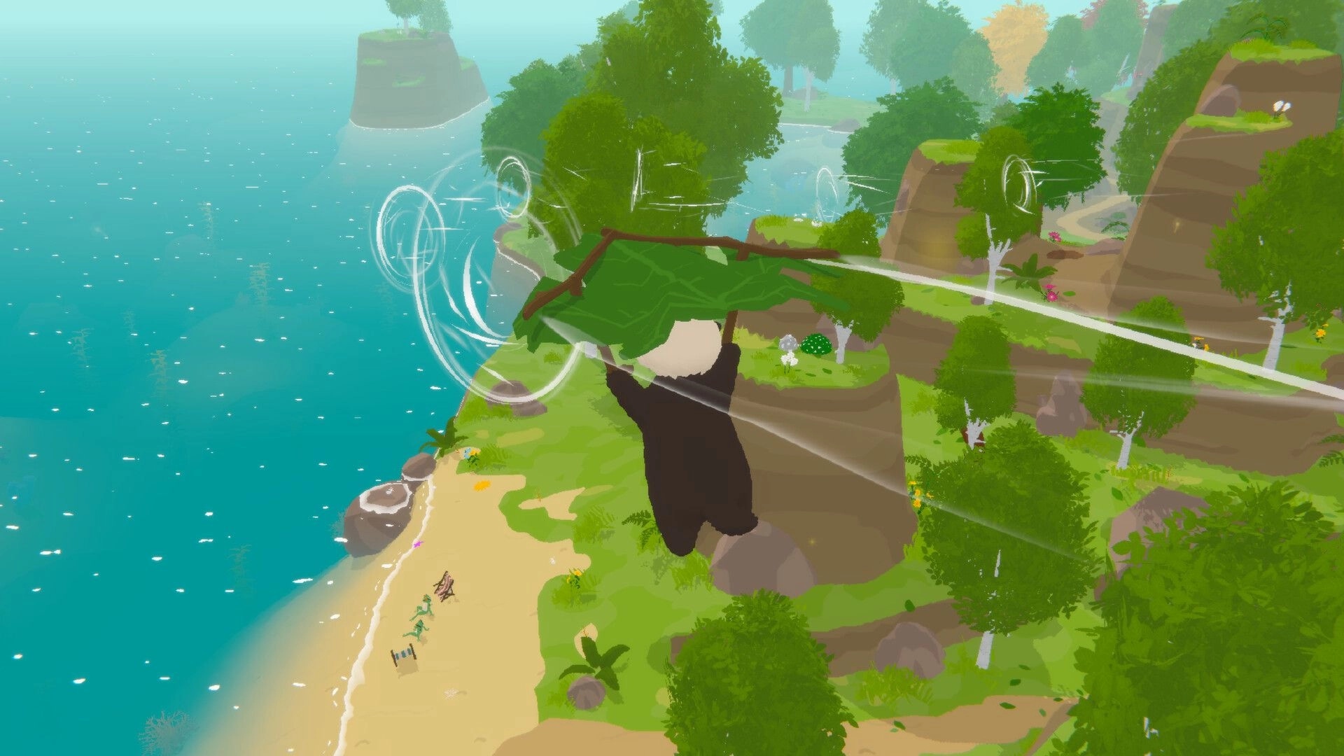 Otterly Lost: Otto glides using a leaf over lush forested cliffs and sparkling ocean below